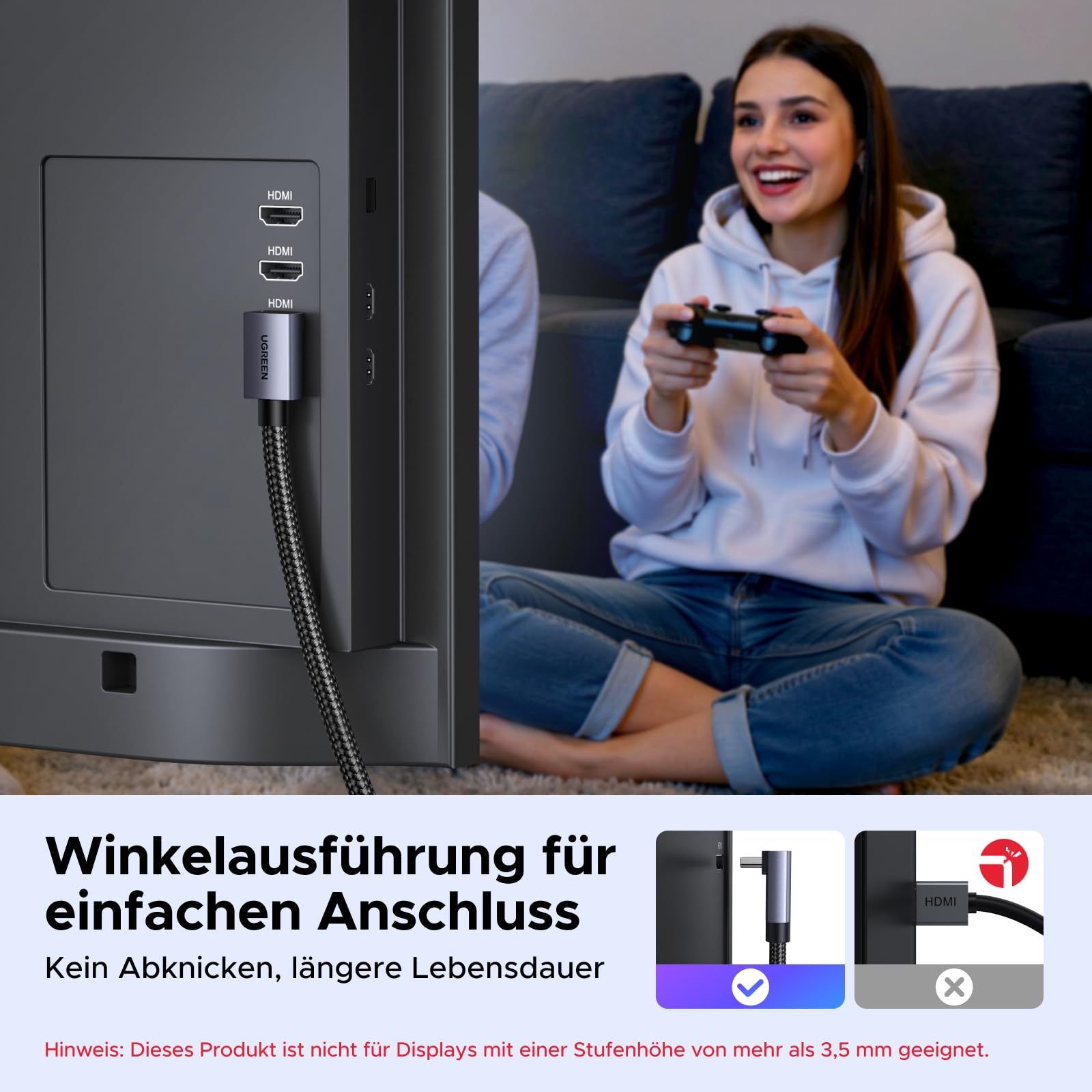 UGREEN HDMI 2.1 Kabel 8K@60Hz 4K 2K 1080P@240Hz 90 Grad Winkel 48Gbps High Speed Ultra HD Dolby Vision HDR VRR eARC HDCP 2.3 Kompatibel mit PC, Laptop, Monitor, PS5, Xbox (2M)