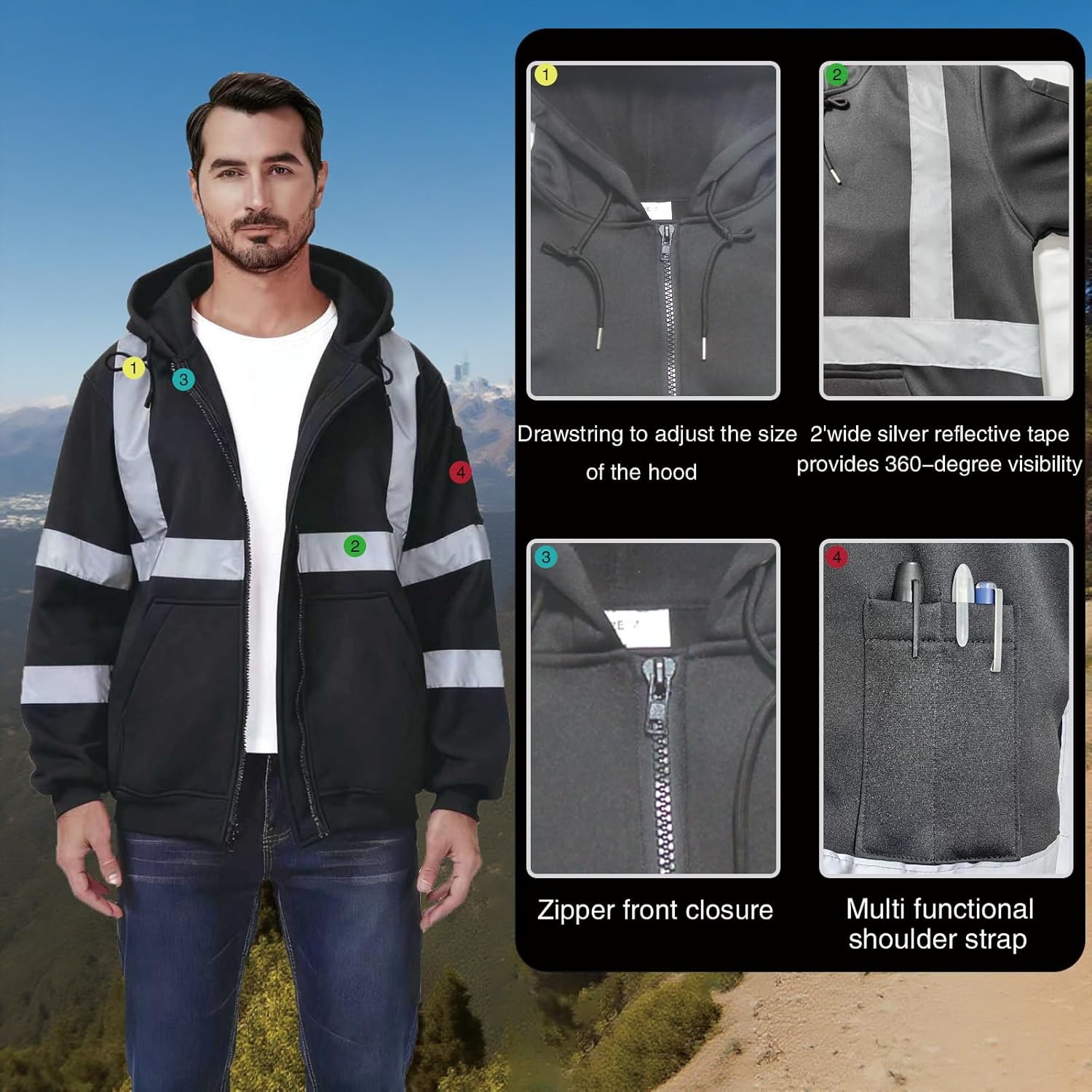 High Visibility Safety Hoodie, Reflective Workwear Sweatshirt, Warm Breathable Work Jacket for Men, Zip-Up - Image 4