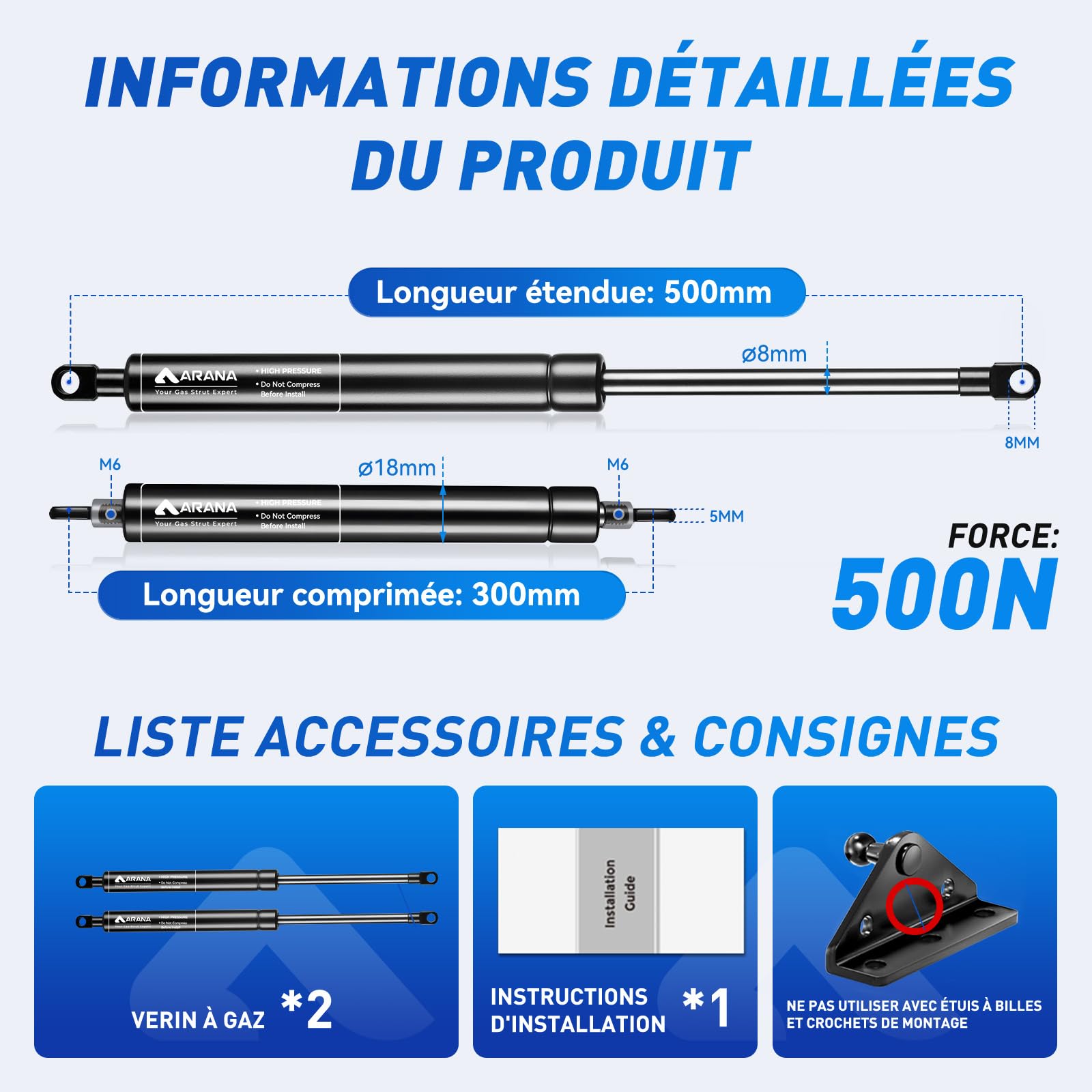 ARANA Lot de 2 oeillet verin gaz 500mm 500N pour lit coffre de rechange | 50cm 50kg verin hydraulique pour meuble cuisine, porte remorque, coffre caravane et applications créatives DIY