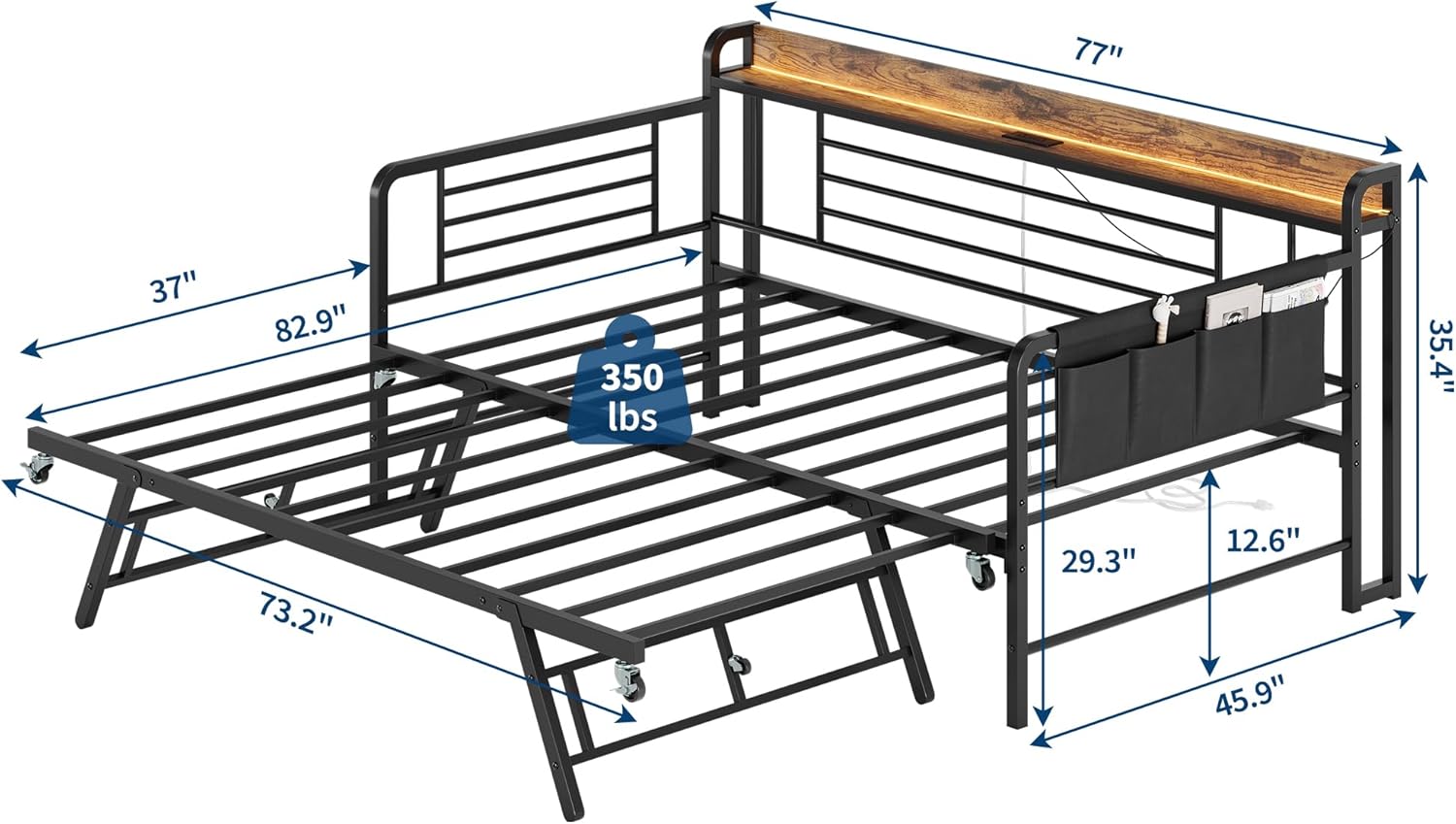 IDEALHOUSE Daybed with Trundle Bed, Twin Bed Frame with Storage Headboard & Charging Station and LED Light, Heavy Duty Metal Day Bed Pop Up Trundle Bed for Living Room,Bedroom, Black