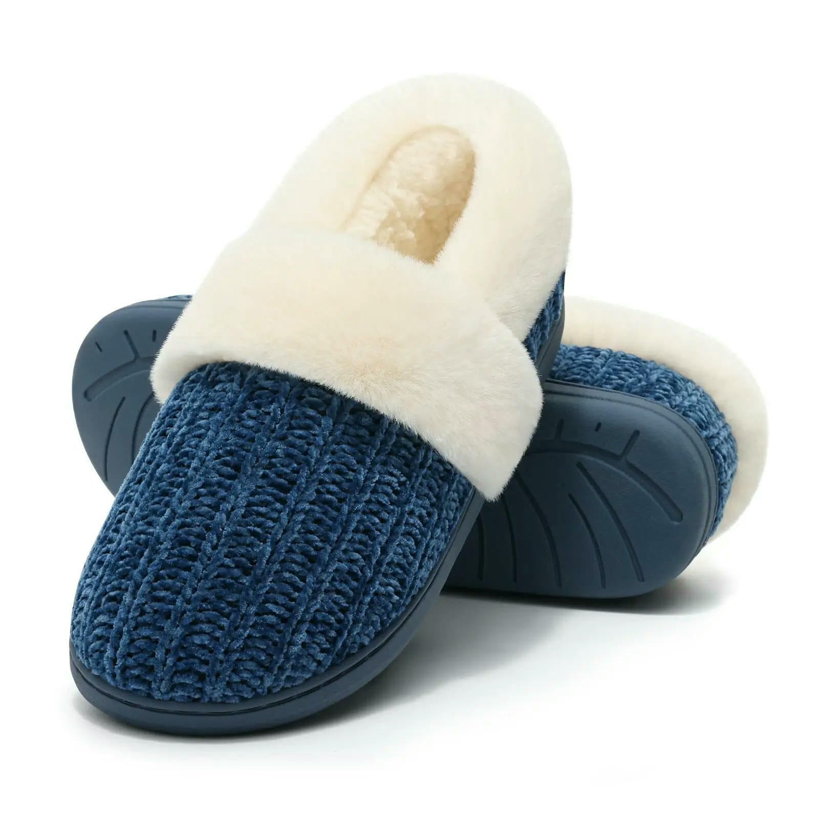 Pantofole Calde da Casa in Maglia Donna, Comode Foderate Ciniglia, Memory Foam E Suole per Interni Ed Esterni-marina-chiuso-38-39