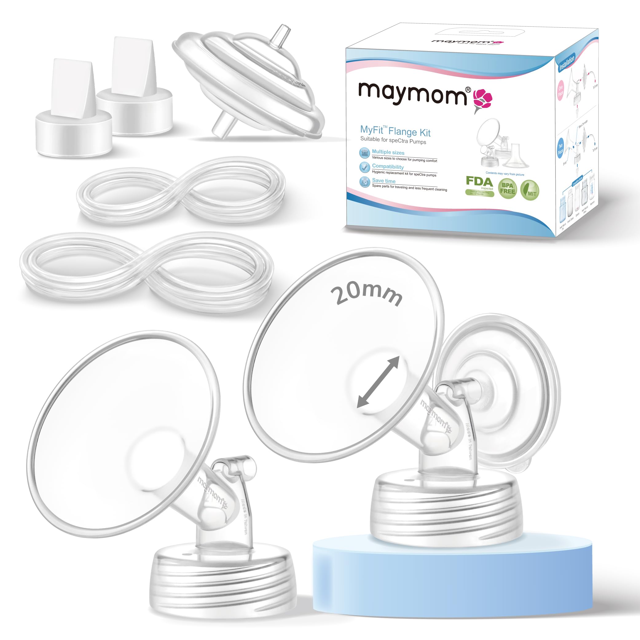 Maymom ricambi per tiralatte compatibili con Spectra S1/S2/9 Plus, tettarella da 20 mm con valvola, tubo e protezione antiriflusso, accessori compatibili non originali
