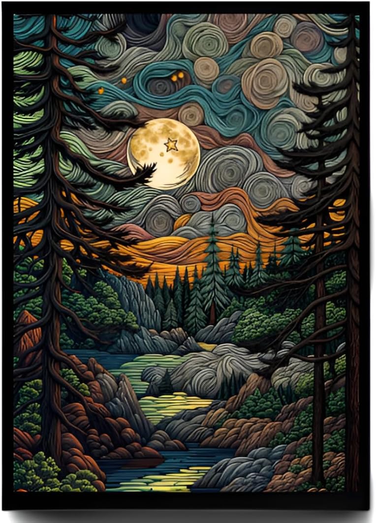 Night Forest Wall Art Frame, Moon and Mountain Lake Landscape Canvas Print, Dark Nature Scenery Home Decor