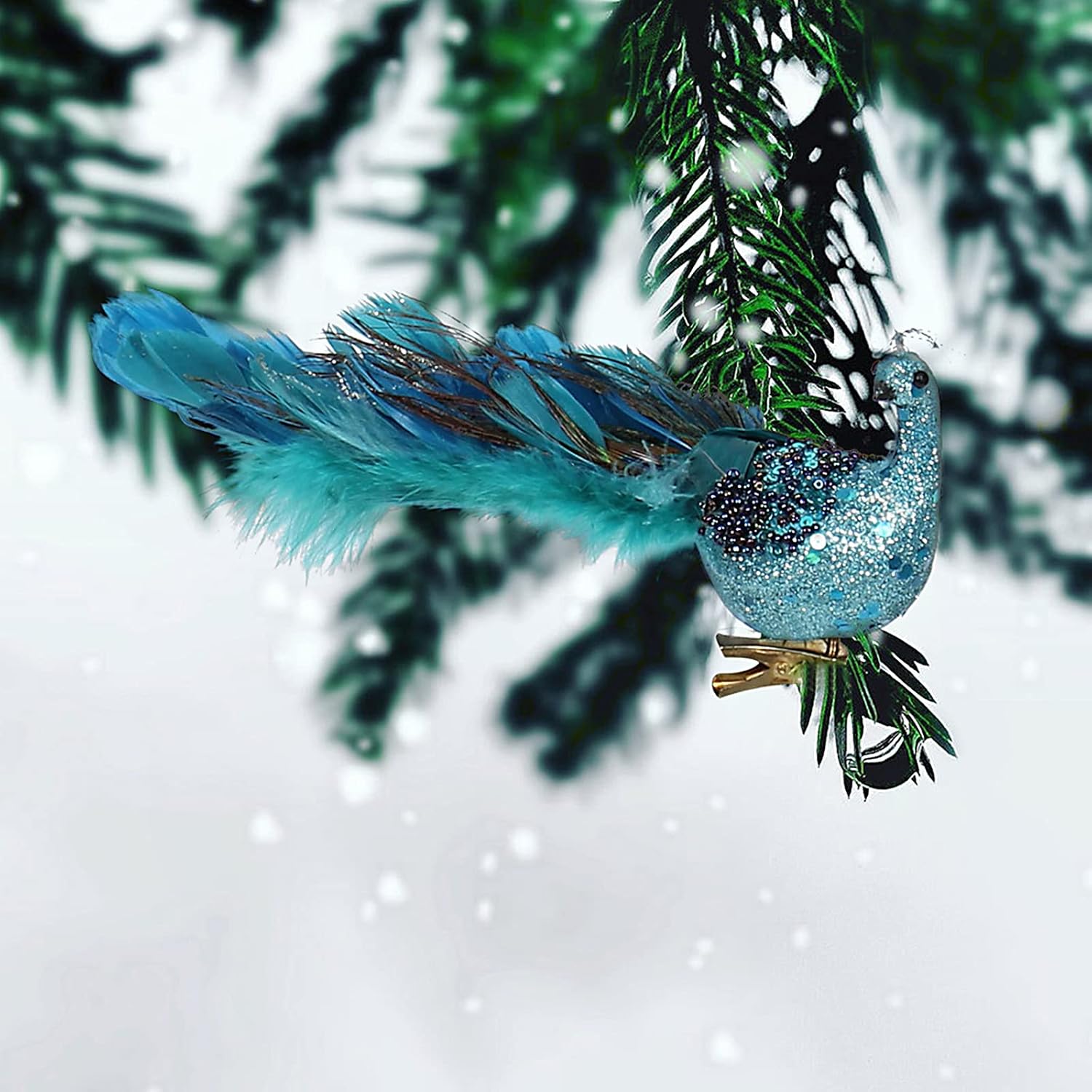 Kuppn 4Pcs Artificial Peacock with Clip,Simulation Peacock Christmas Tree Festival Supplies,Christmas Ornaments Bird Clip-On Christmas Ornament,Long Tail Feather Phoenix Clip Ornament, Blue