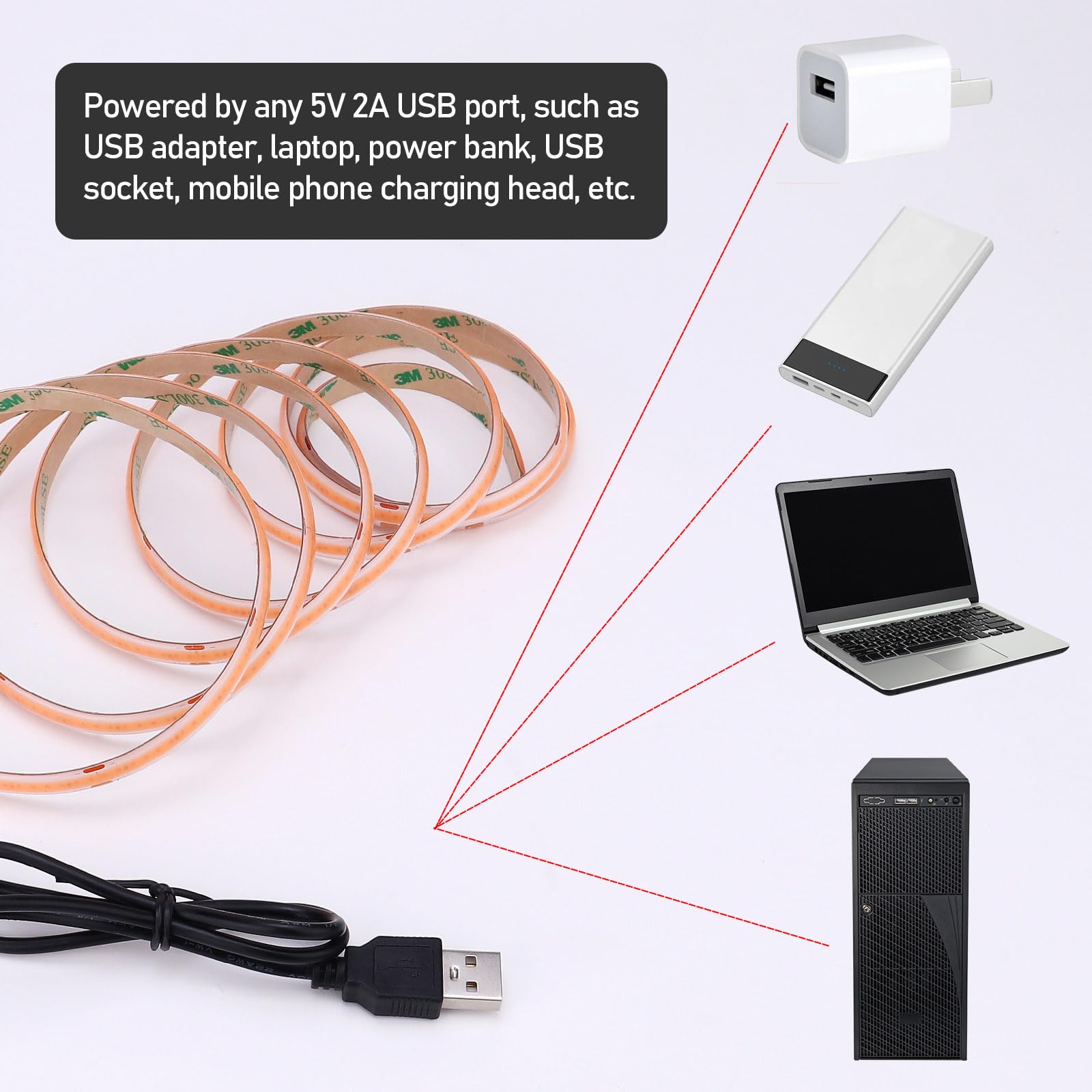 5V USB COB fioletowa taśma LED ściemniana IP65 wodoodporna 2 m/2 m | Zasilane przez USB 640 diod LED ze ściemniaczem o wysokiej jasności, elastyczne taśmy LED