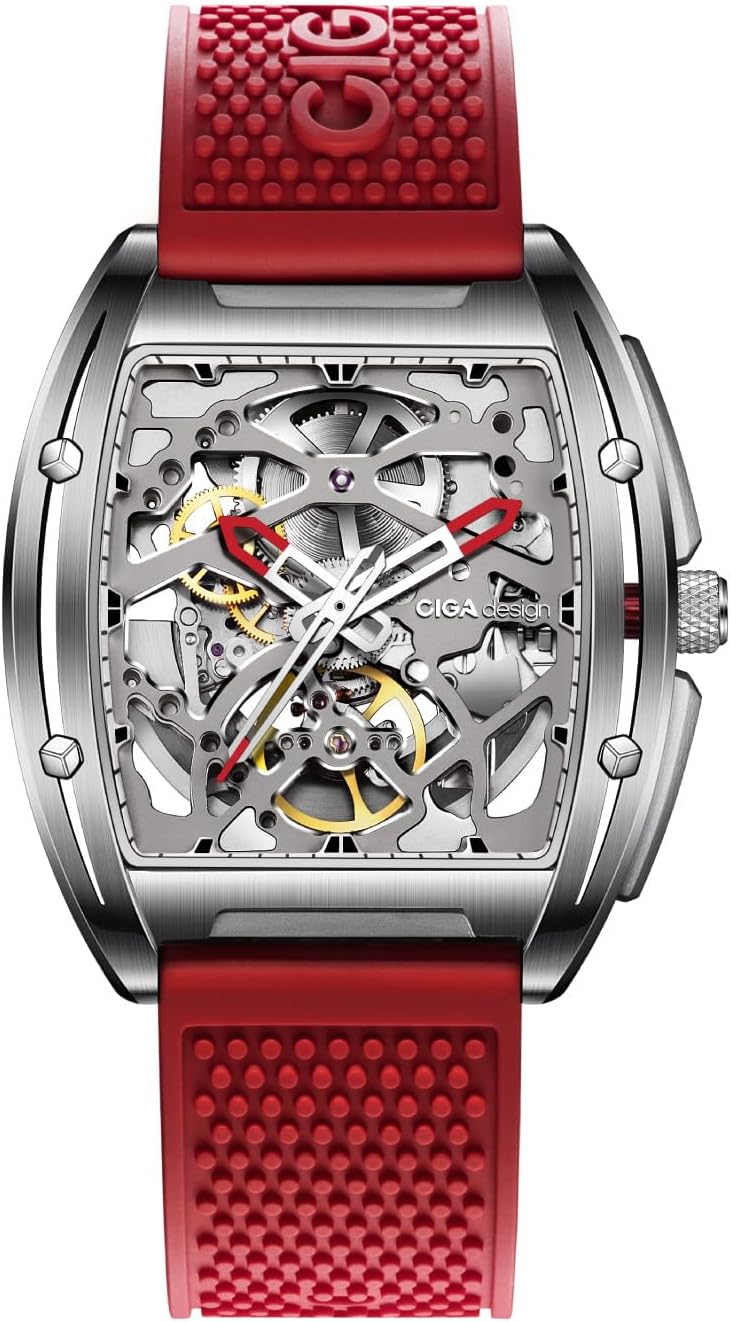 CIGA Design Z Series Automatic Mechanical Watch, Luxury Skeleton Wristwatch Tonneau with Silicone Strap Stainless Steel Business Dress Waterproof Timepiece Gifts for Men and Women