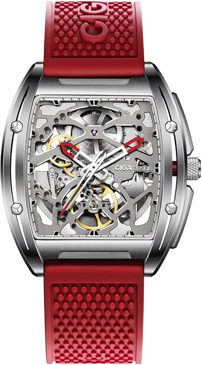 CIGA Design Z Series Automatic Mechanical Watch, Luxury Skeleton Wristwatch Tonneau with Leather and Silicone Strap Stainless Steel Business Dress Waterproof Timepiece Gifts for Men and Women
