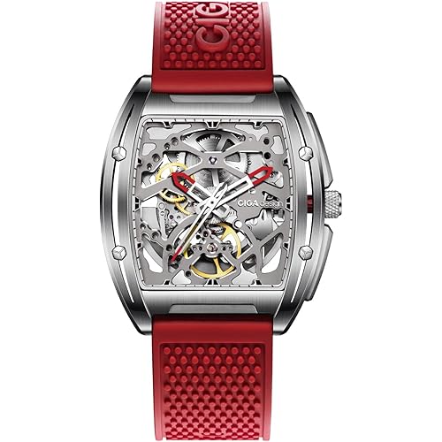CIGA Design Z Series Automatic Mechanical Watch, Luxury Skeleton Wristwatch Tonneau with Silicone Strap Stainless Steel Business Dress Waterproof Timepiece Gifts for Men and Women