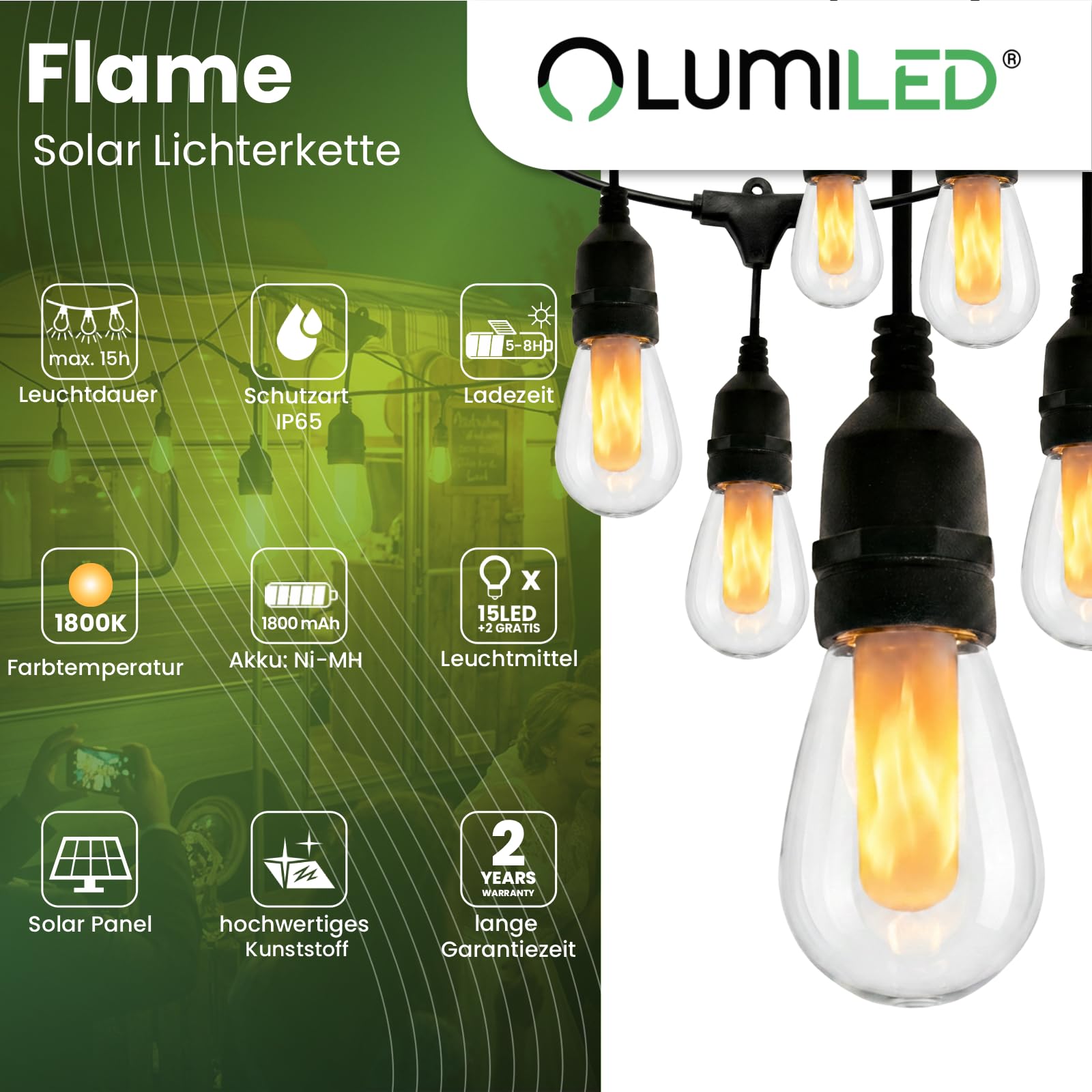 Lumiled Solar Lichterkette Außen Outdoor 15m 15 LED Glühbirnen Flammeneffekt Garten Lichterketten IP65 Wasserdicht 2in1 mit Solarpanel Strom Fernbedienung Beleuchtung Terrasse Balkon Warmweiß Dimmbar