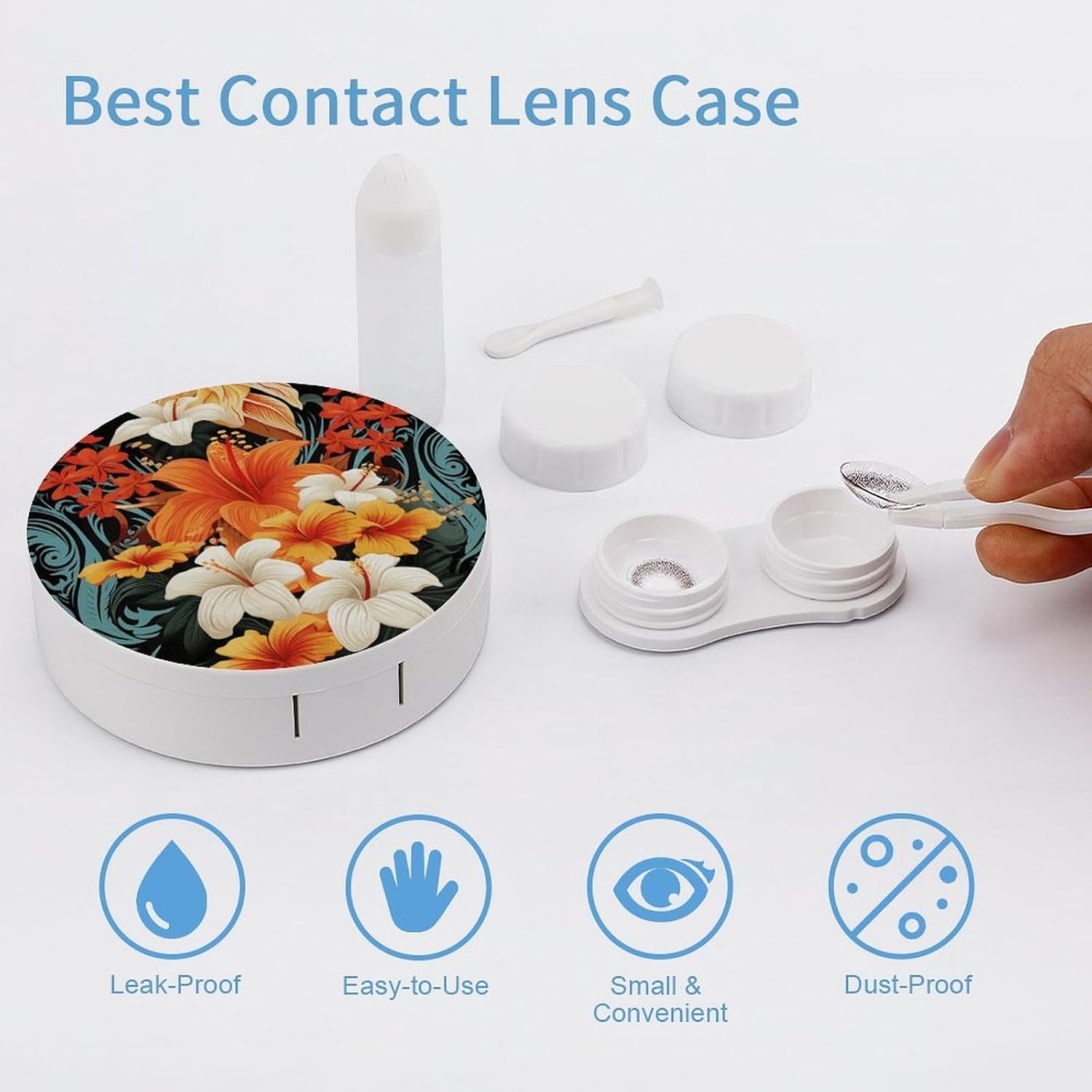 Flowers And Hawaiian Tribal Patterns on Black Background Contact Lens Case Portable Contact Case Soak Storage Kit Cute Contact Lens Solution Bottle with Mirror Tweezers Solution Soaking Cases for Dail