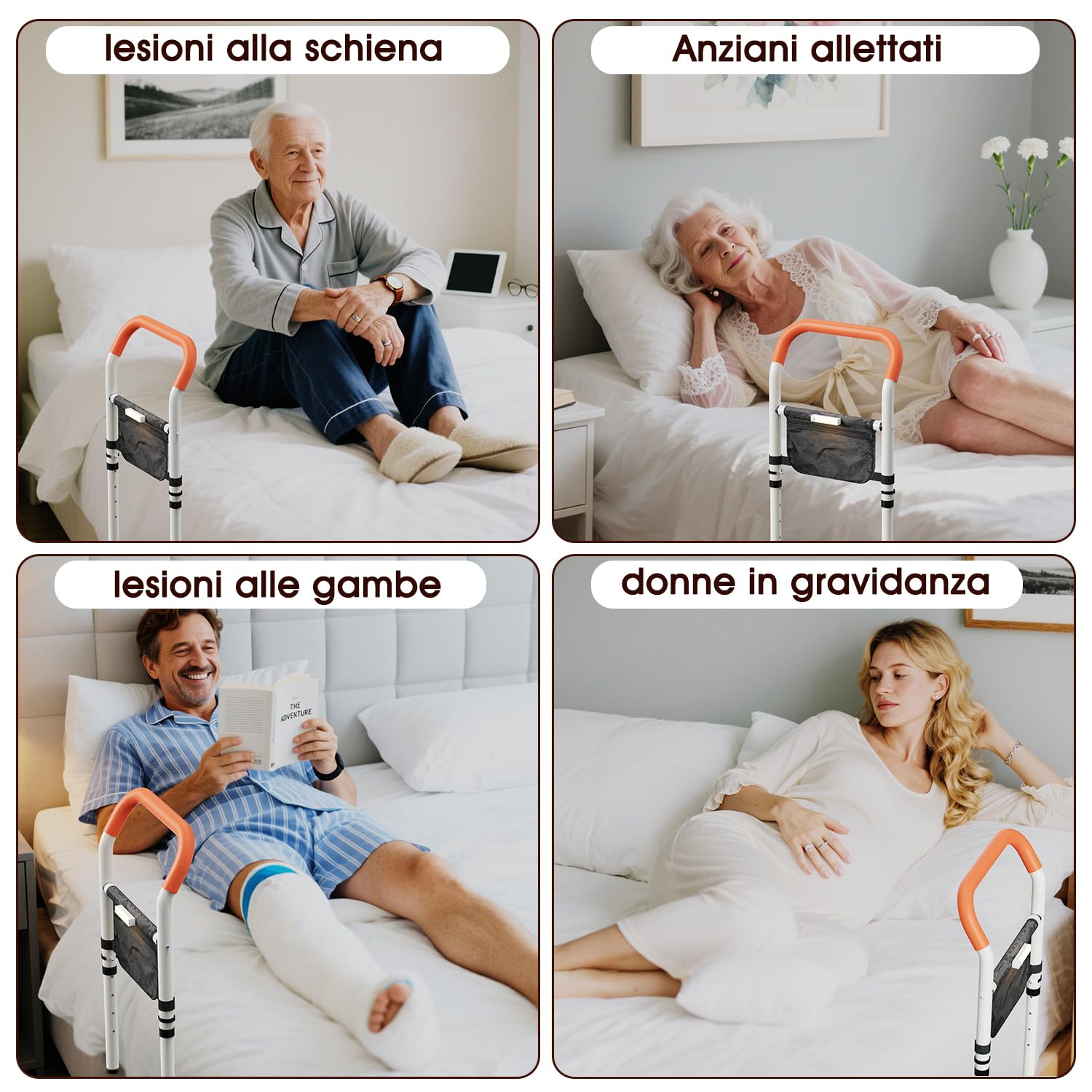Zelvia Sponda letto Anziani, manico regolabile in altezza, con manico antiscivolo, luce a LED rimovibile con custodia, per anziani e pazienti di riabilitazione (Nero)