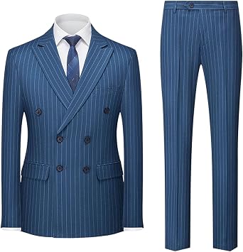 Mens Pinstripe 3 Piece Suit Slim Fit Elegant Double Breasted Business Blazer Vest Pants Set for Wedding Prom