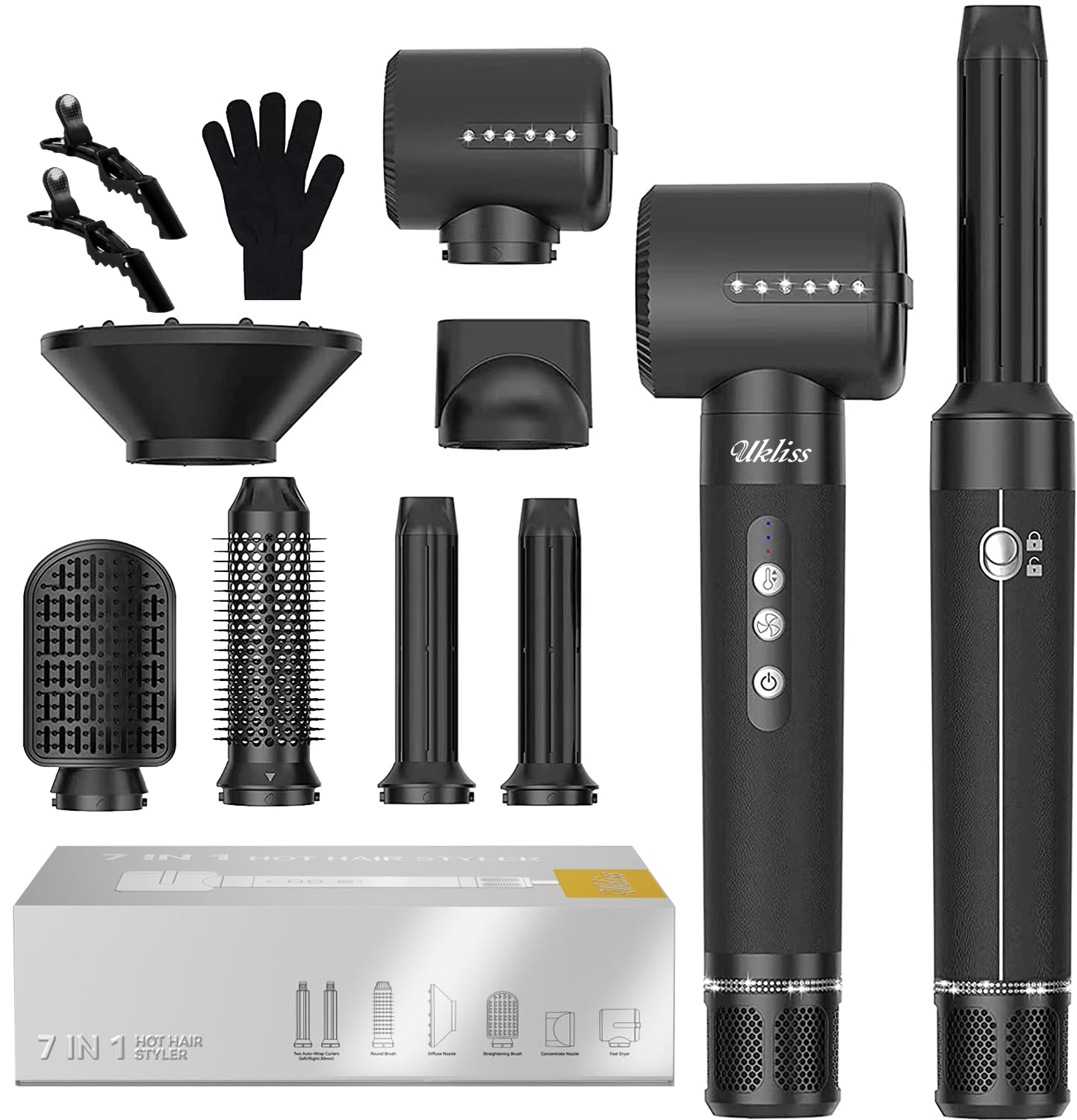 UKLISS Airstyler 7-in-1 Pro, Hair Dryer & Haarstyler mit Lockenstab Automatisch, Föhnbürste, Diffusor, Haarglätter, Rundbürste, Warmluftbürste, Haarstyling Geräte Set für Locken, Glätten, Föhnen