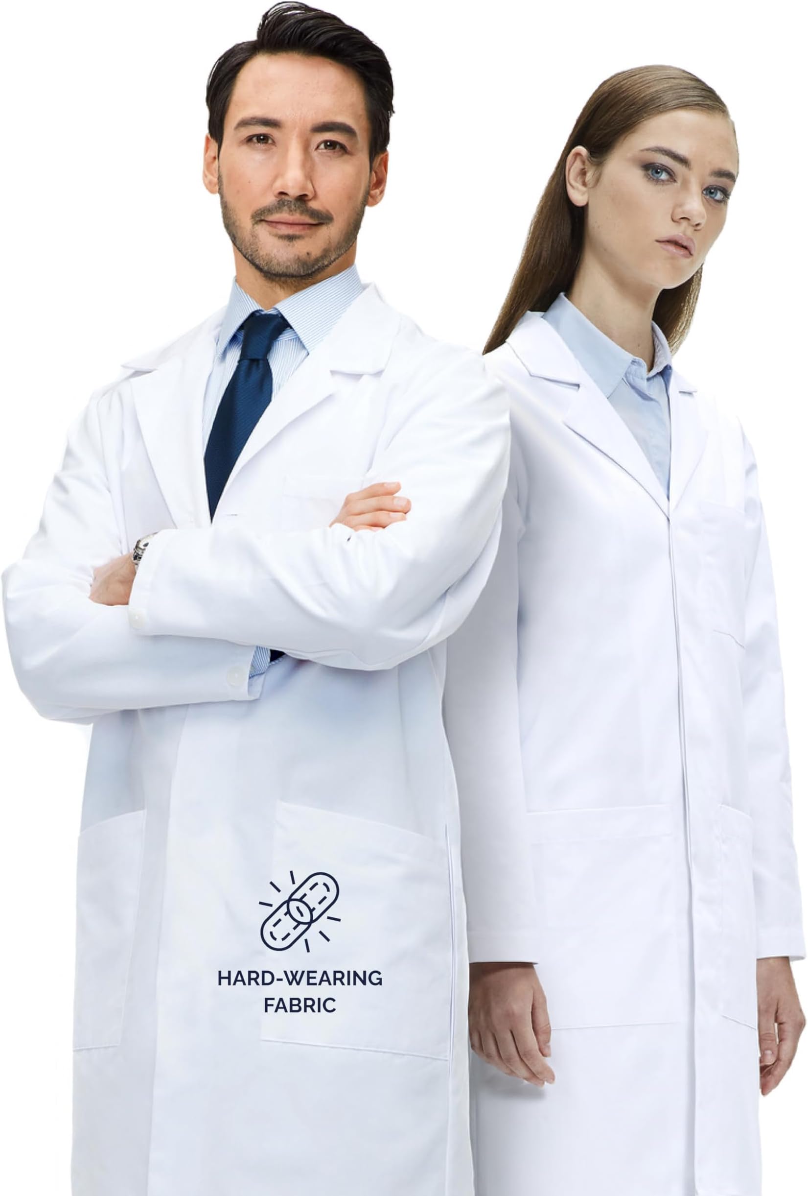 Lab Coat 100% Cotton for Men & Women, Unisex, Professional, 40" Length, Safety Stud Fastening, Multiple Pockets, Relaxed Fit, White, For Lab, Clinic & Hospital
