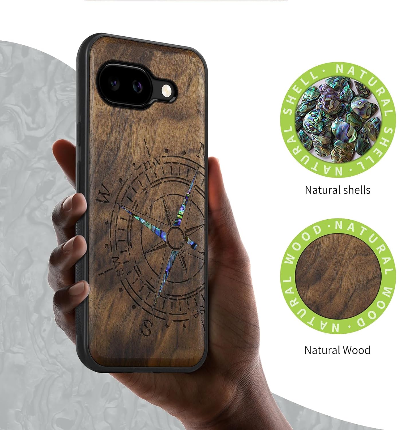 Carveit Magnetic Wooden Case for Google Pixel 9a Case, Wood Artisan Engraved & Handmade Shell Inlaid, Compatible with MagSafe Wireless Chargers (Incomplete Compass) Walnut