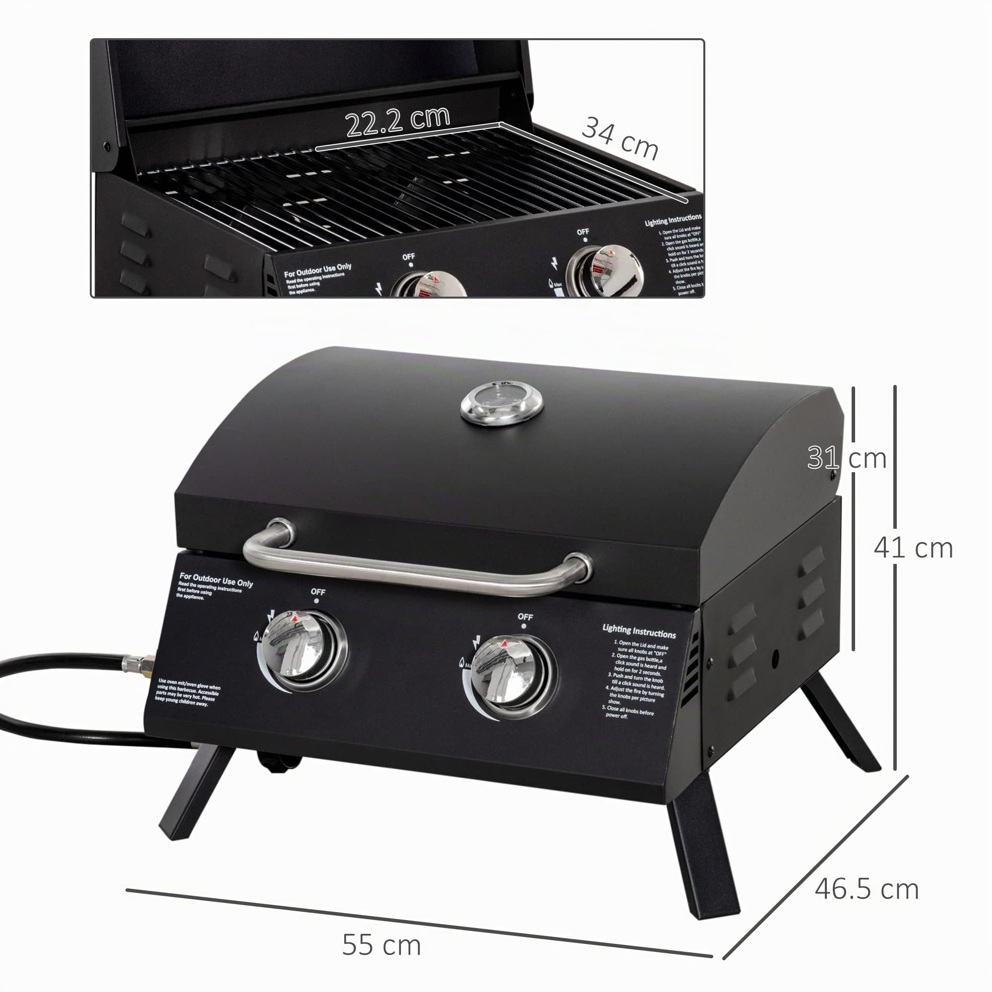Outsunny Barbecue a Gas Pieghevole con Coperchio, Termometro e 2 Bruciatori, BBQ Portatile da Tavolo in Acciaio, 55x46.5x41cm