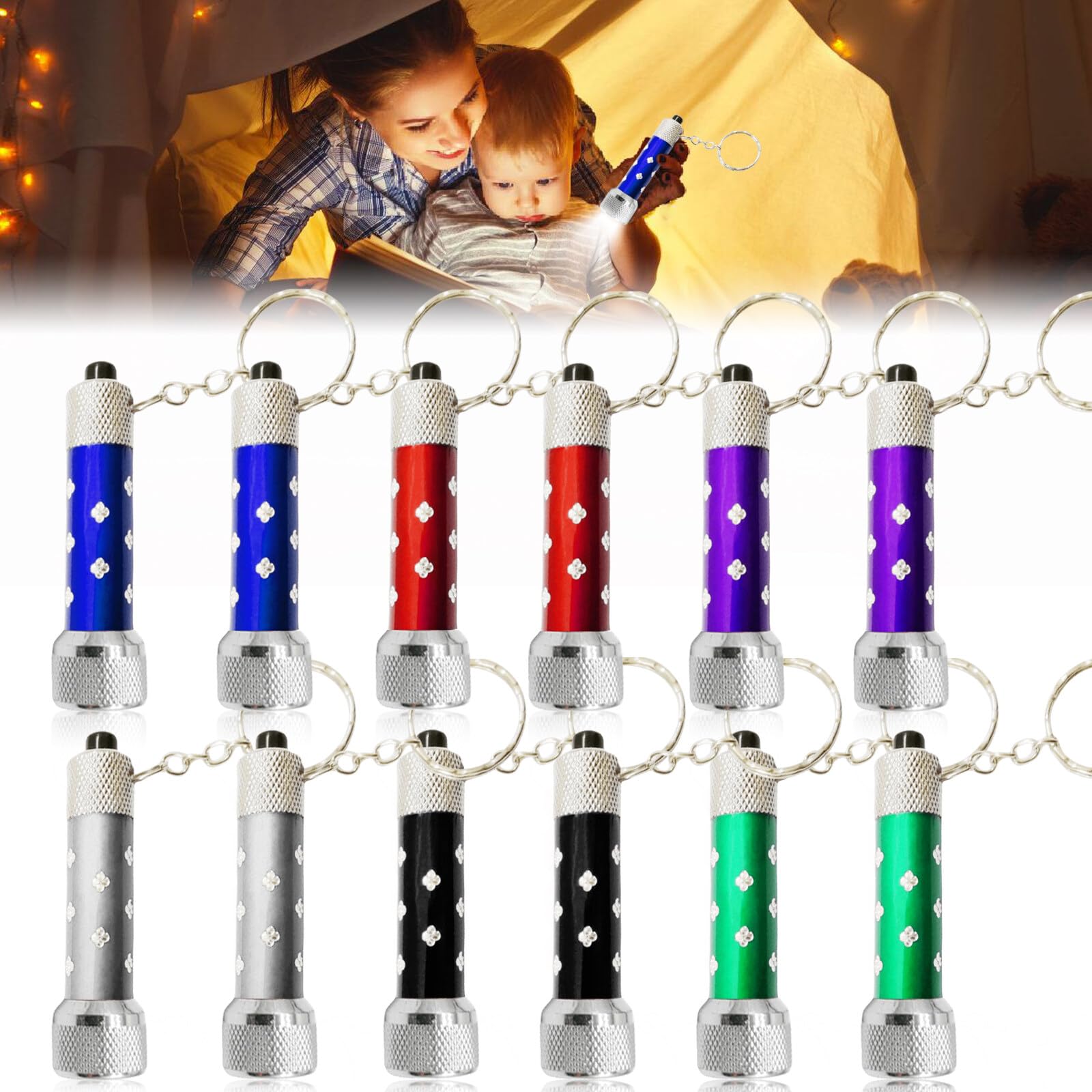 12 Mini Torce LED Portachiavi Per Bambini - Colorate (rosso, Viola, Verde, Blu, Nero, Argento) Con Batterie Incluse, Perfette Per Campeggio E Emergenze
