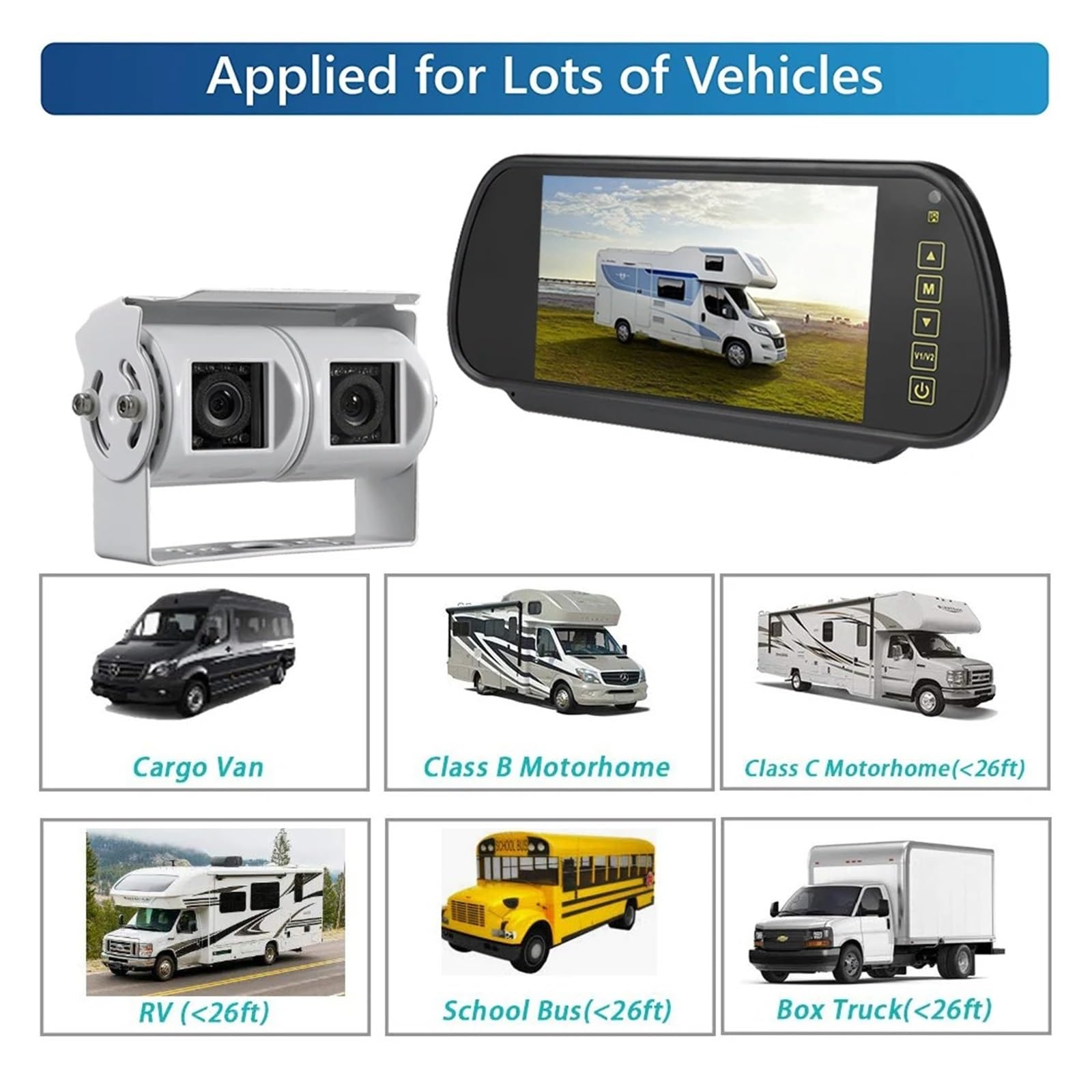 Cámara Aparcamiento Cámara Vista Trasera Coche con Monitor 7 Pulgadas, Kit Monitor Respaldo, Lente Ccd Dual, Marcha Atrás para Camión/RVs/Furgoneta Camara Marcha Atras(Suction Cup Mount-BK)