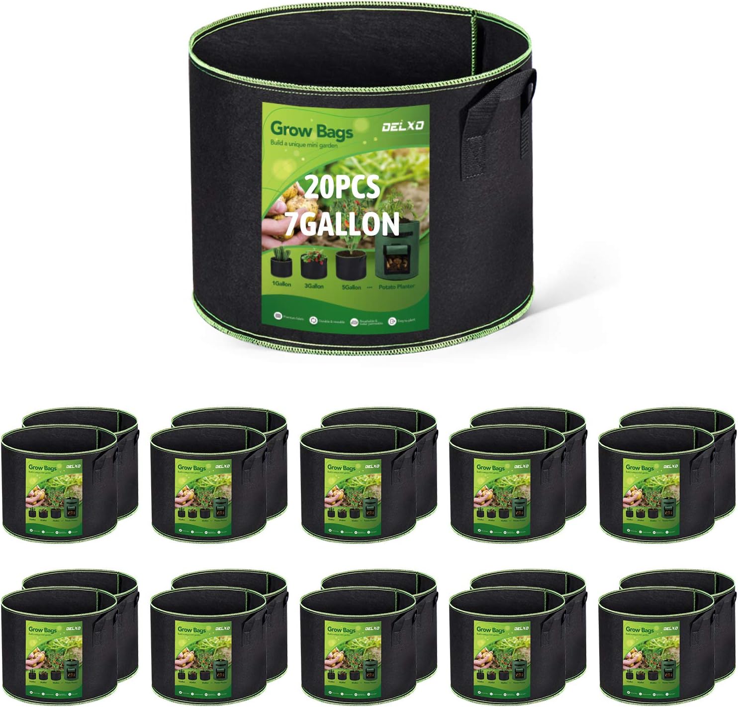 Delxo 20-Pack 7 Gallon Heavy Duty Aeration Thickened Nonwoven Fabric Pots Plant Grow Bags with Handles