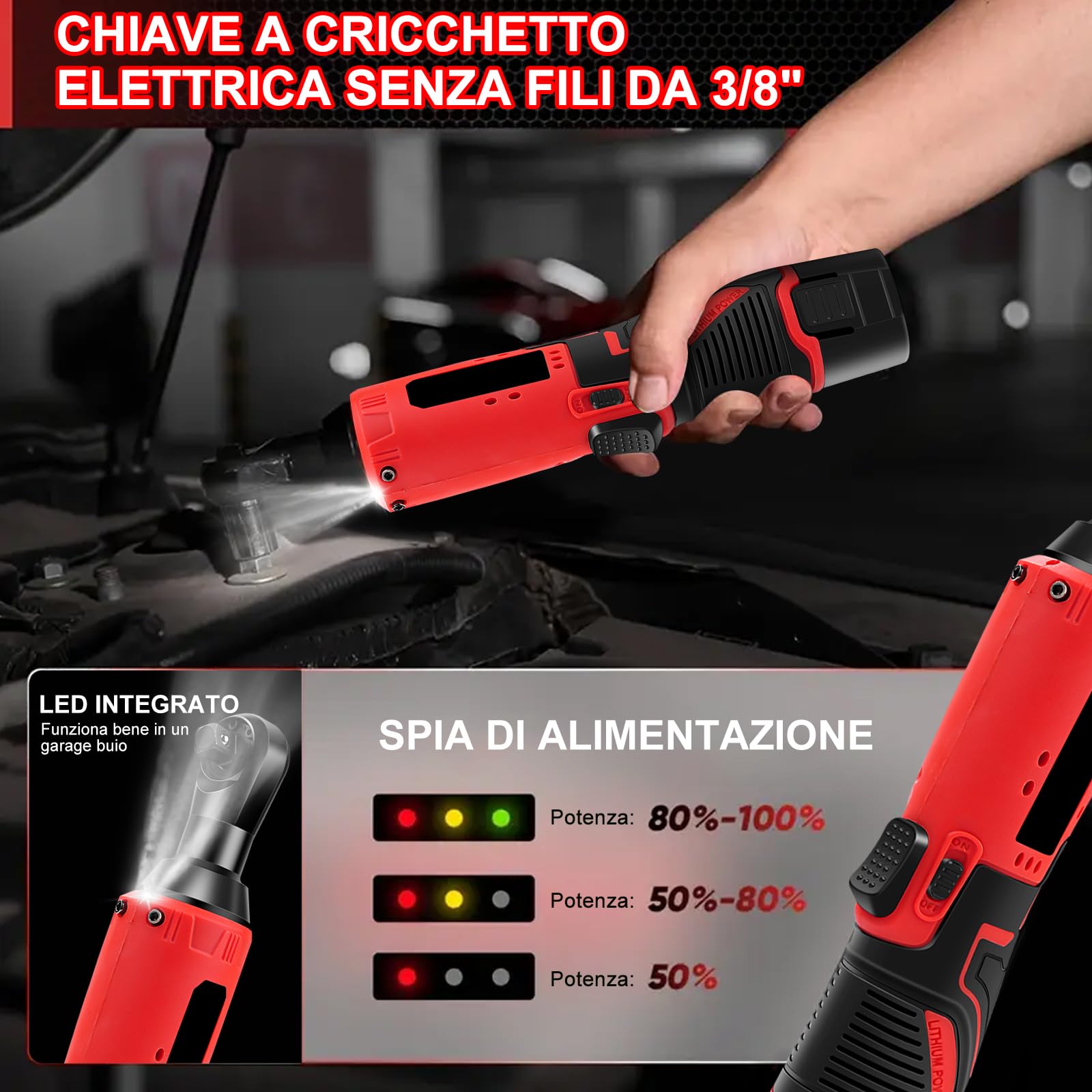 Chiave A Cricchetto A Batteria, 3/8" 35 Nm 12v Chiave A Cricchetto Elettrica Senza Fili Set Con Luce Led, 0-320 Giri/Min Chiavi A Cricchetto A Batteria Ad Angolo Retto Con 2 Batterie 1.5 Ah, 7 Prese