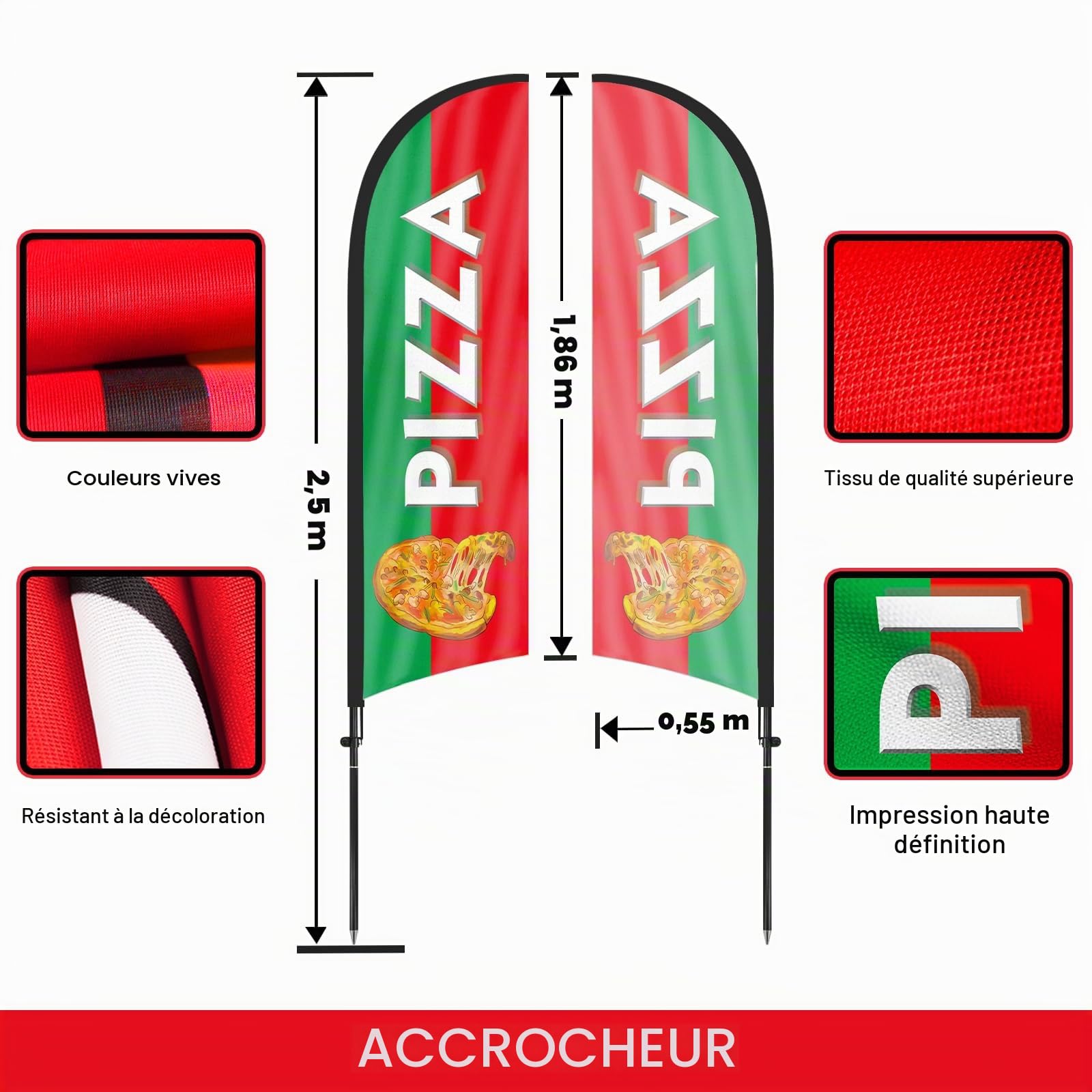 Pizza Plume Drapeau, 8FT Pizza Drapeau Publicitaire avec Kit Poteau, Piquet de Sol, Signs Publicitaire Exterieur Adapté Pour publicité en magasin et Extérieur