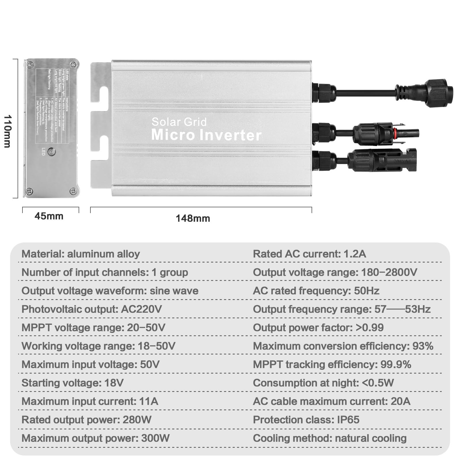 300 W Micro-Wechselrichter Für PV-Module – MPPT, DC18–50 V, Netzgekoppelt, IP65, 93 % Effizienz
