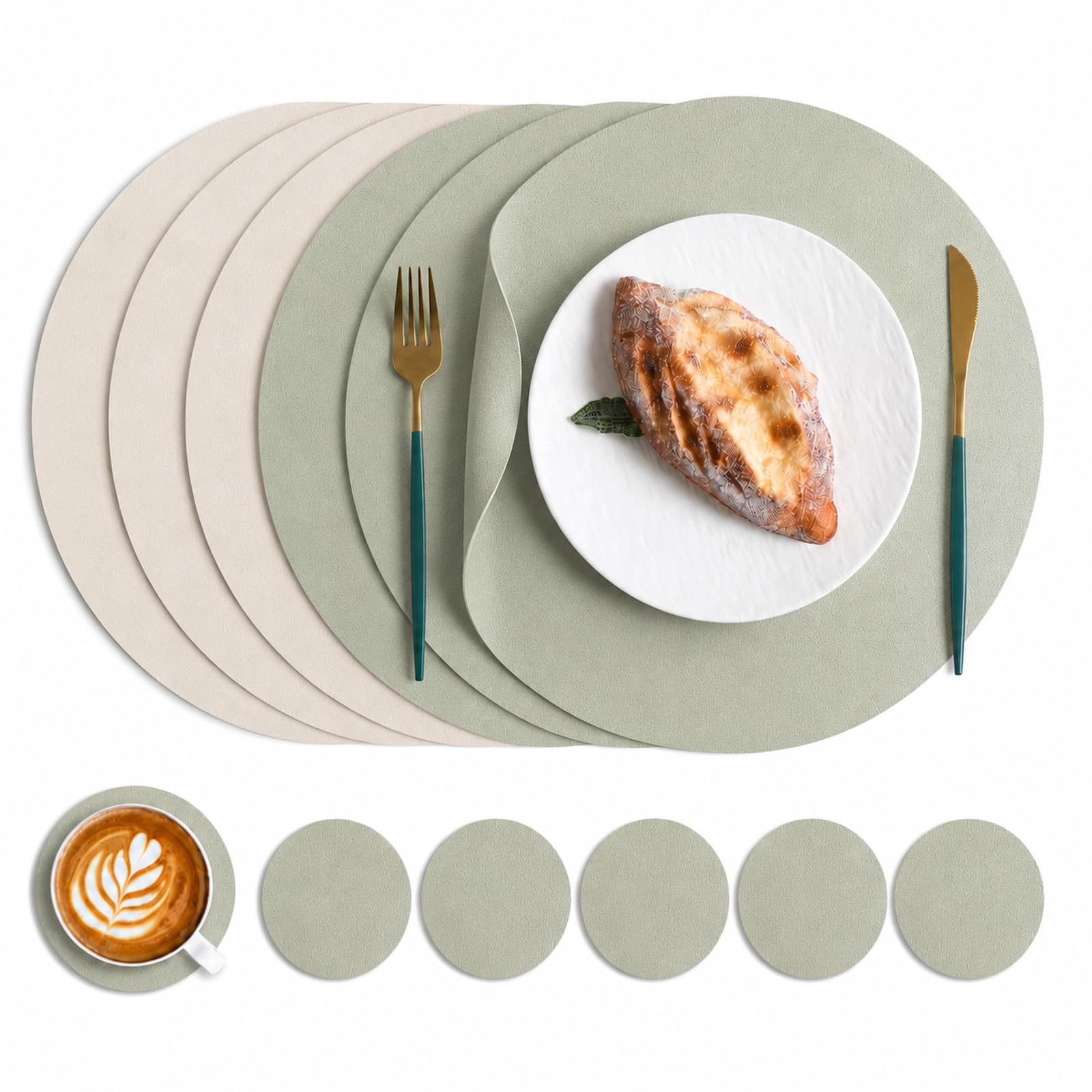 Round PVC Placemats Set of 6 with Coasters, Reversible Green and Ivory