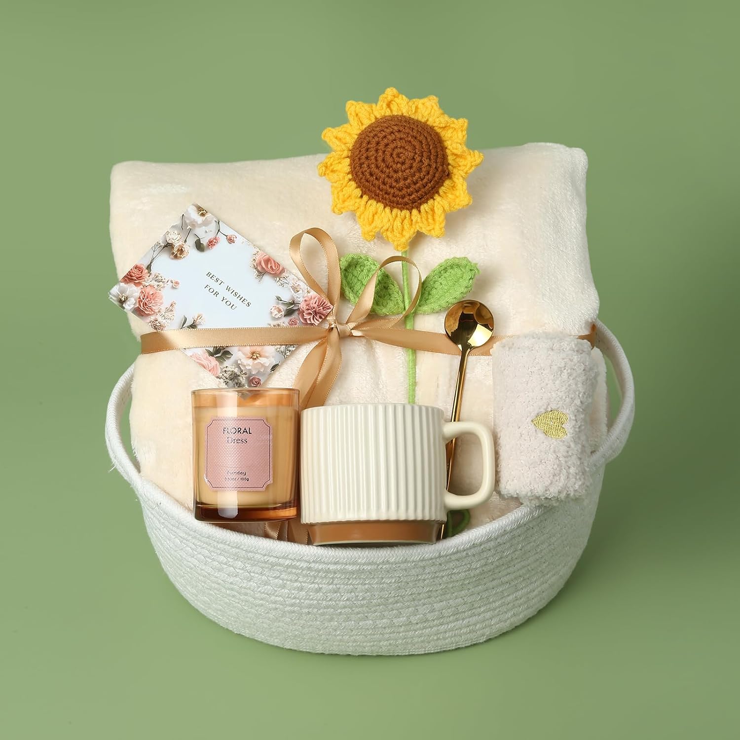 Sunflower Gift Basket for Women - Best Friend or Birthday Self Care Package with Cute Woven Basket, Cozy Blanket, Candle, Mug, Socks & Greeting Card