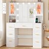 BEWISHOME Dressing Table with Mirror and 10 LED Lights,Vanity Desk with Power Outlet and RGB Light,Vanity Table with 7 Drawers,6 Open Shelves, Modern Makeup Desk for Bedroom White YFST38W