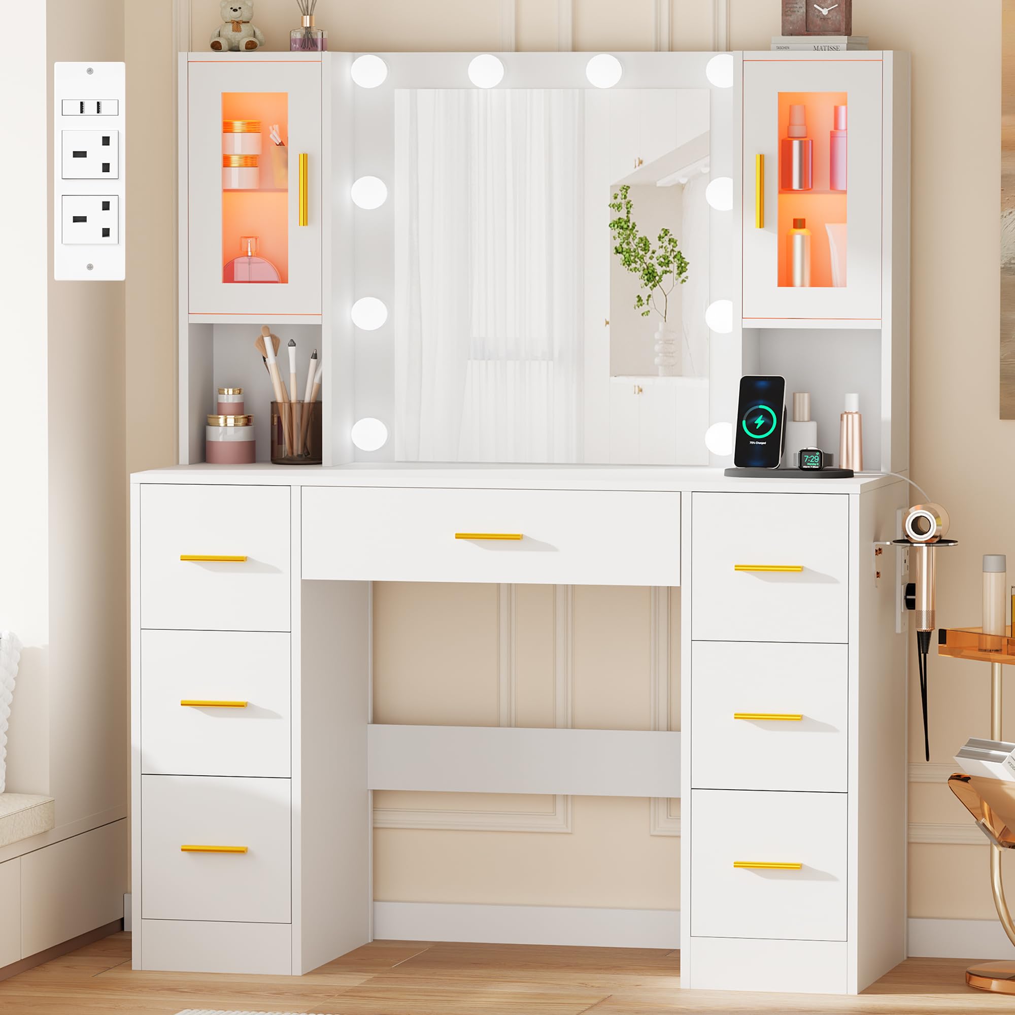 BEWISHOME Dressing Table with Mirror and 10 LED Lights,Vanity Desk with Power Outlet and RGB Light,Vanity Table with 7 Drawers,6 Open Shelves, Modern Makeup Desk for Bedroom White YFST38W