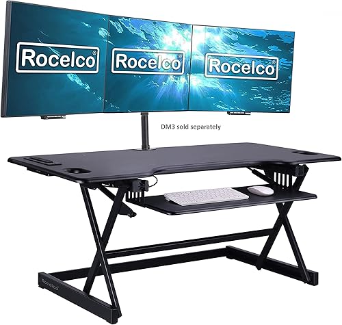 Miniatura 18 de Rocelco - Convertidor de escritorio para trabajar de pie con altura ajustable de 46 pulgadas con cargador USB y CA y soporte para monitor dual -