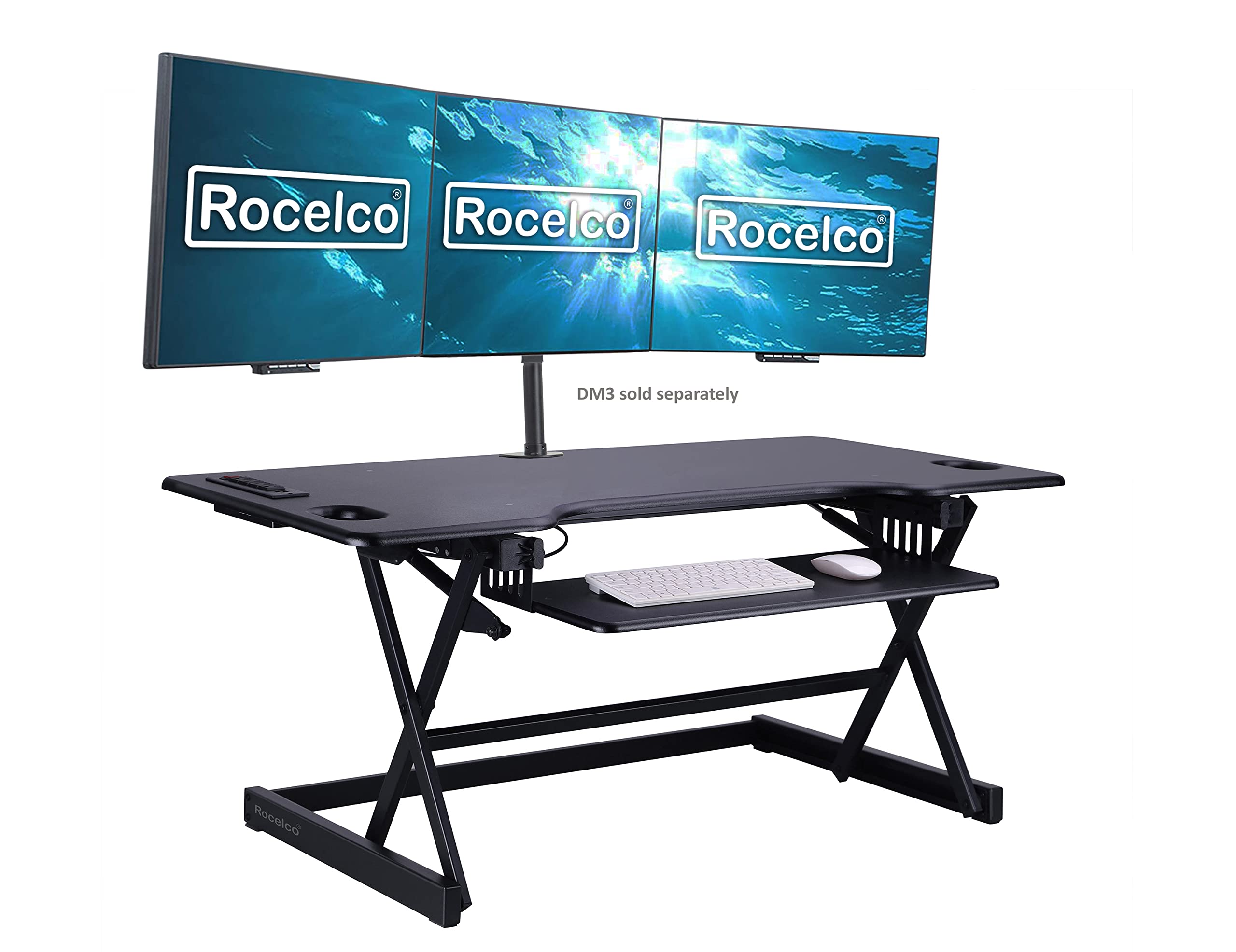 Rocelco 46" Height Adjustable Standing Desk Converter - Desktop AC USB Charger - Sit Stand Up Triple Monitor Riser - Tall Computer Workstation - Retractable Keyboard Tray - Black (R DADRB-46-ACUSB)