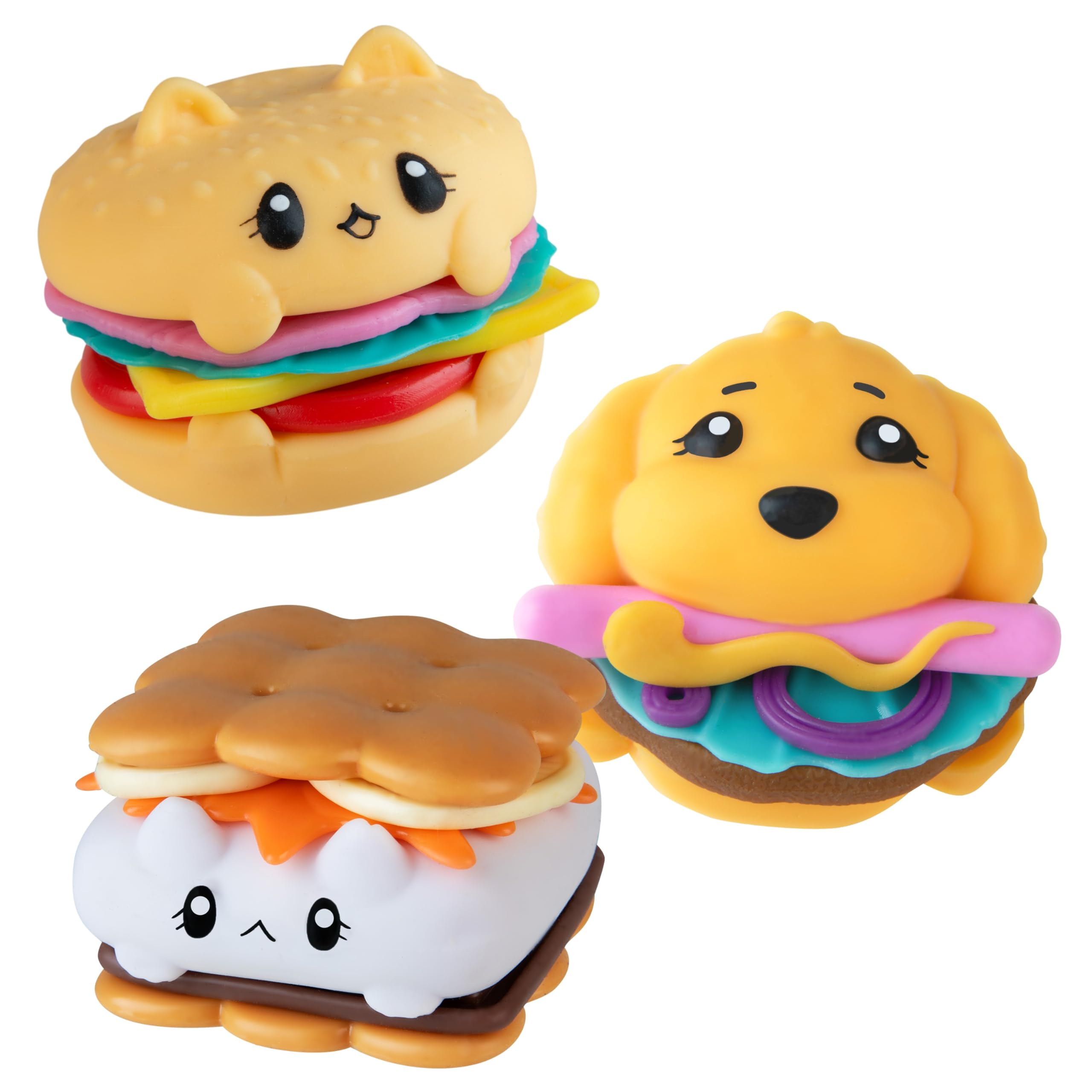 ORB Stretchee Foodz - Secret Menu Cuties 3 Pack - Stretchy and Squishy Kawaii S'More, Hot Dog, and Hamburger Mix and Match Play Food Toys - Sensory / Fidget Play and Stress Relief for Kids and Adults
