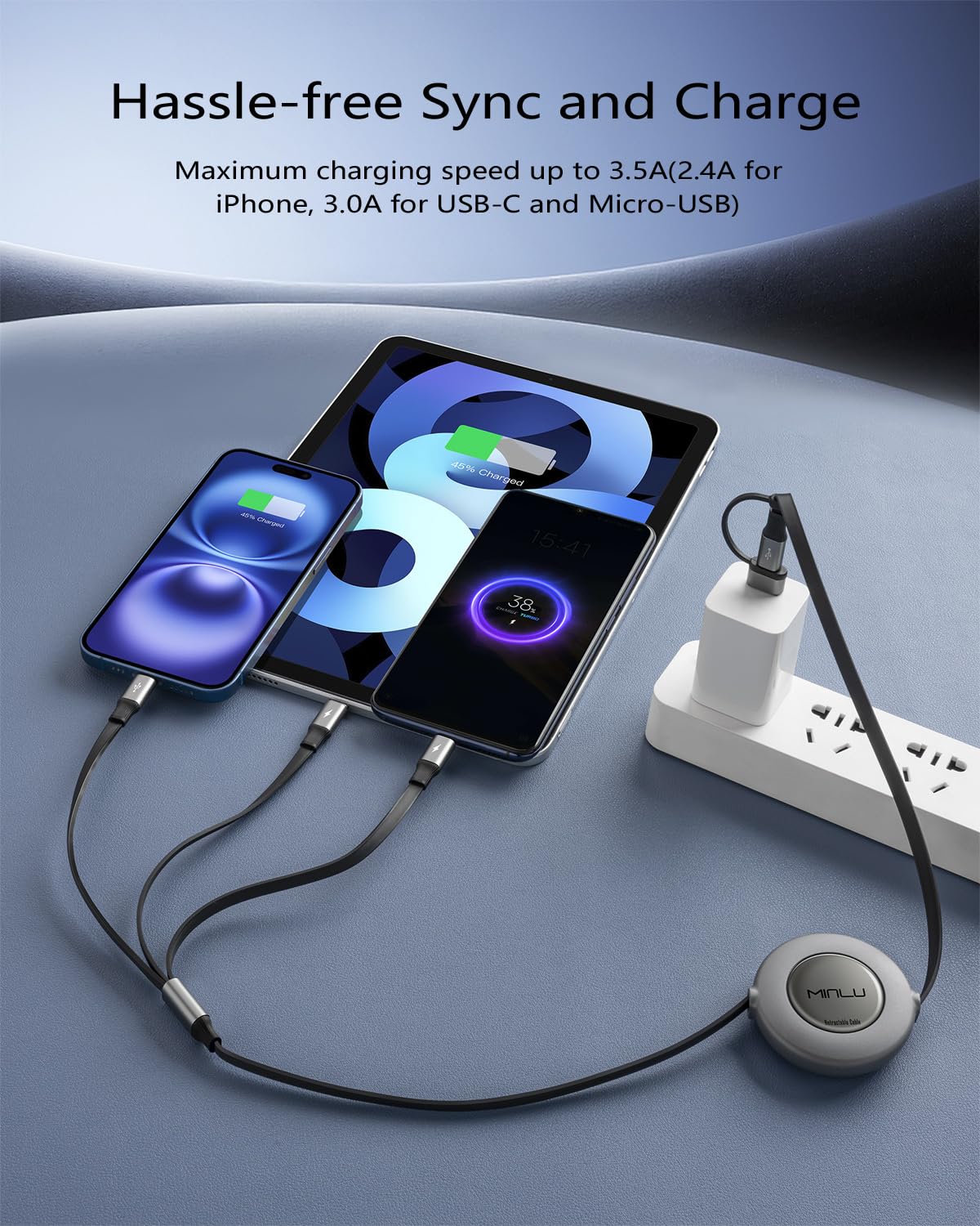 Nahaufnahme des Minlu Multi USB Kabels in Grau, das seine einziehbare Funktion zeigt.