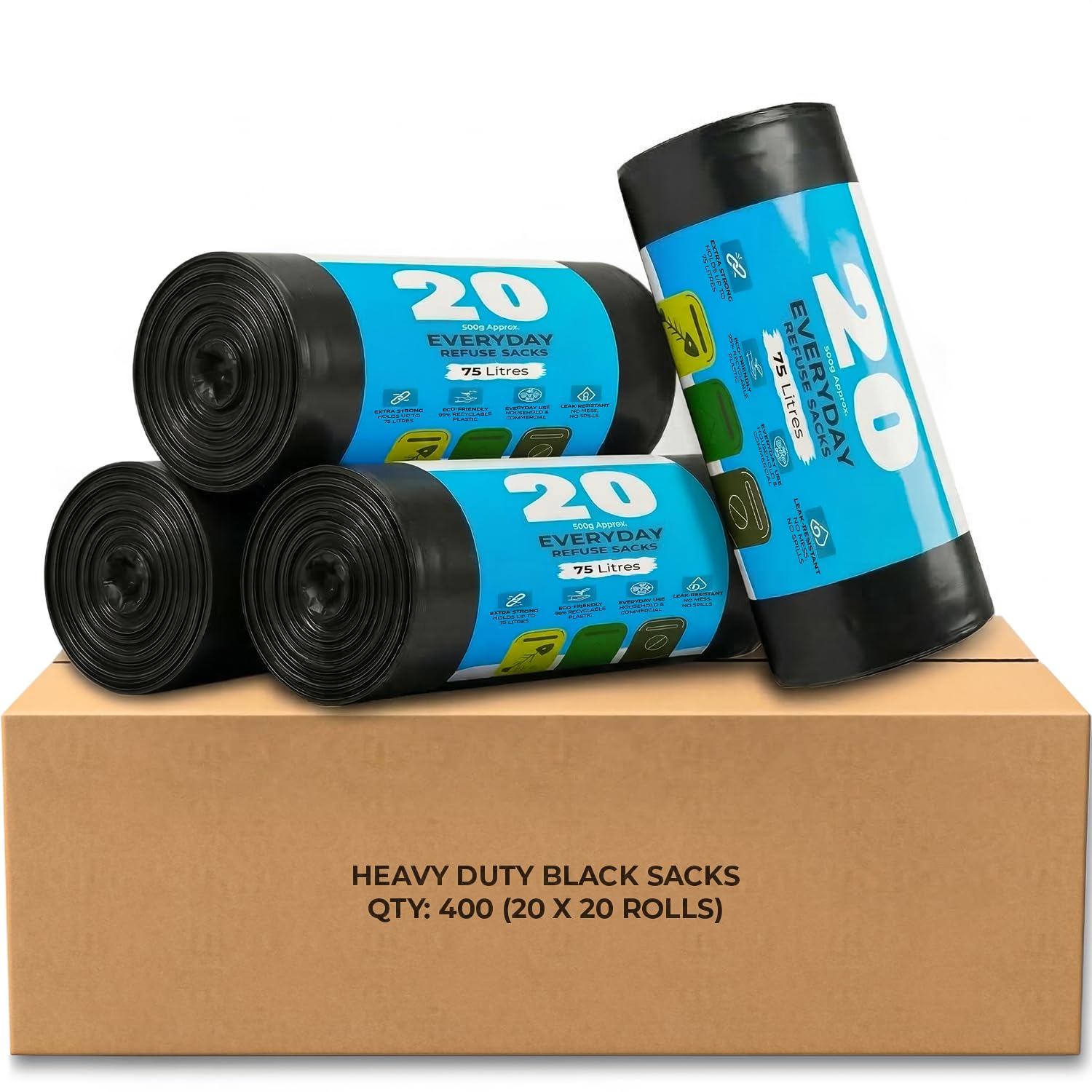 Roe Tenpo 400 Pack Black Bin Bags – 75L, 30 Micron Refuse Sacks, Extra Strong, Eco-friendly, Leak-Resistant Bin Liners - Perfect for Home, Office, DIY & Garden (Packaging May Vary)