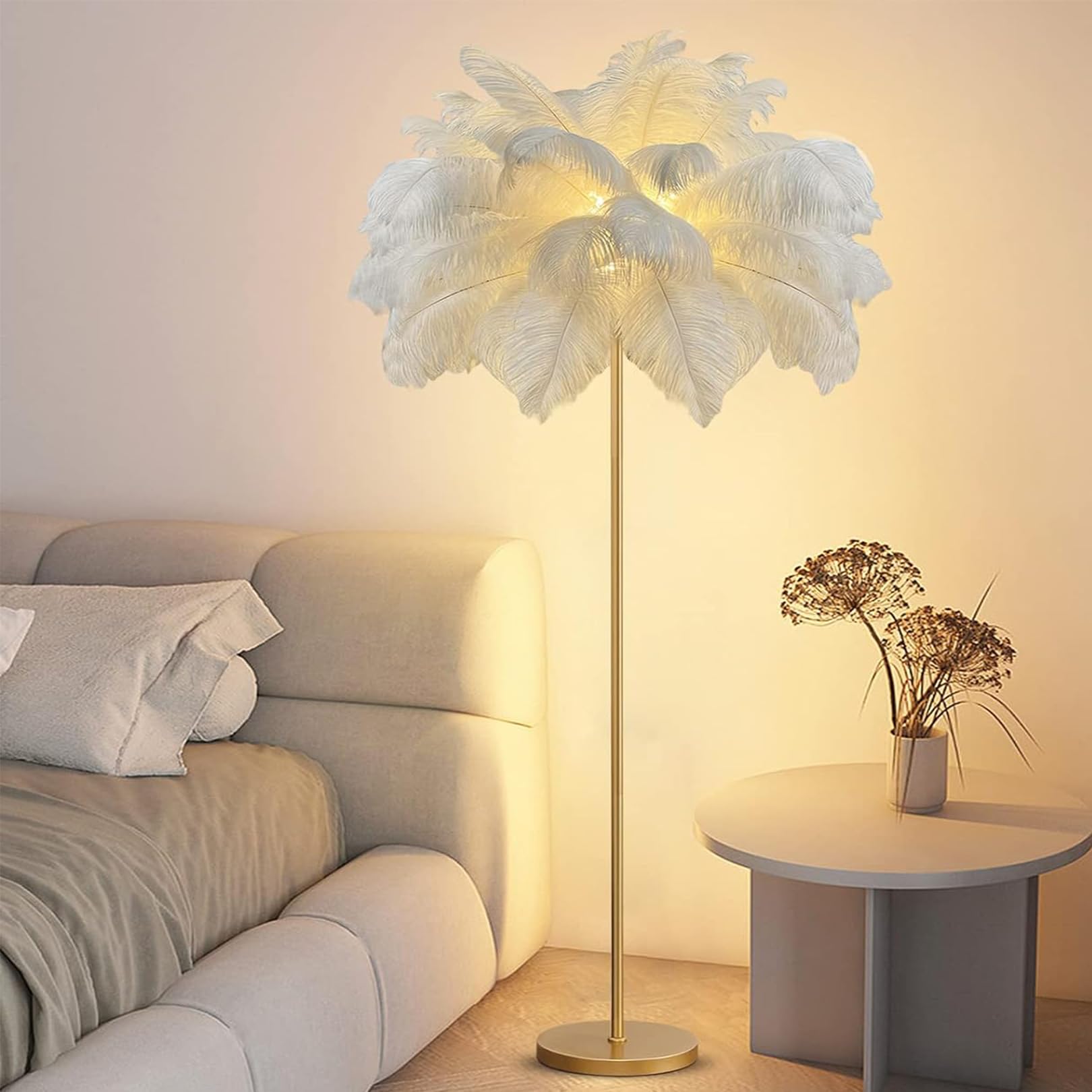 MZBDYYF Feather floor lamp, Natural Ostrich Feather Floor Lamp with Gold Finish, Modern Atmosphere Floor Lamps for Living Room,Home Decoration