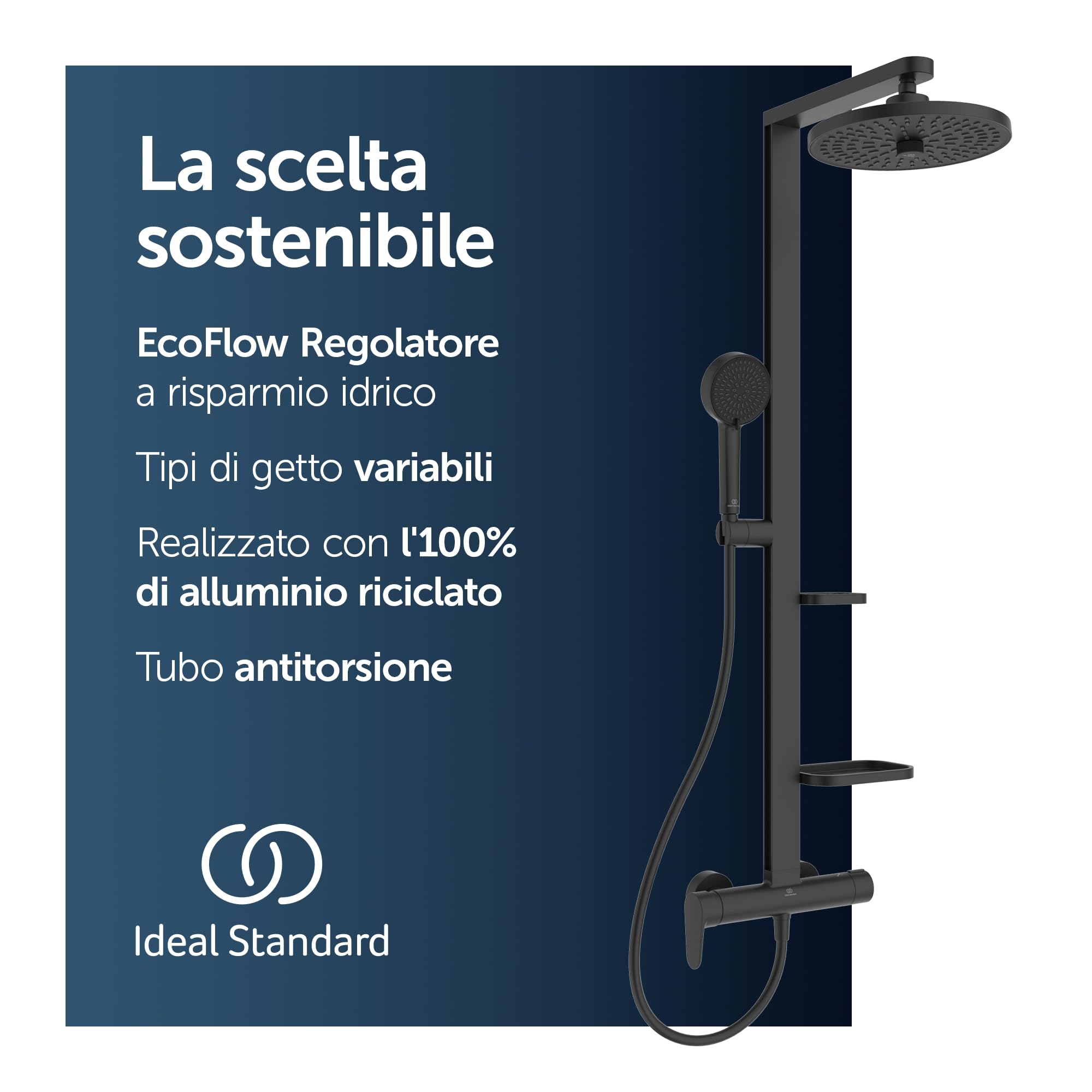 Ideal Standard Ceraflow Alu+ Colonna doccia, Realizzato con l'100% di alluminio riciclato, doccia a risparmio idrico con getti variabili e protezione antiscottatura – Nero Opaco (356x501x1113 mm)