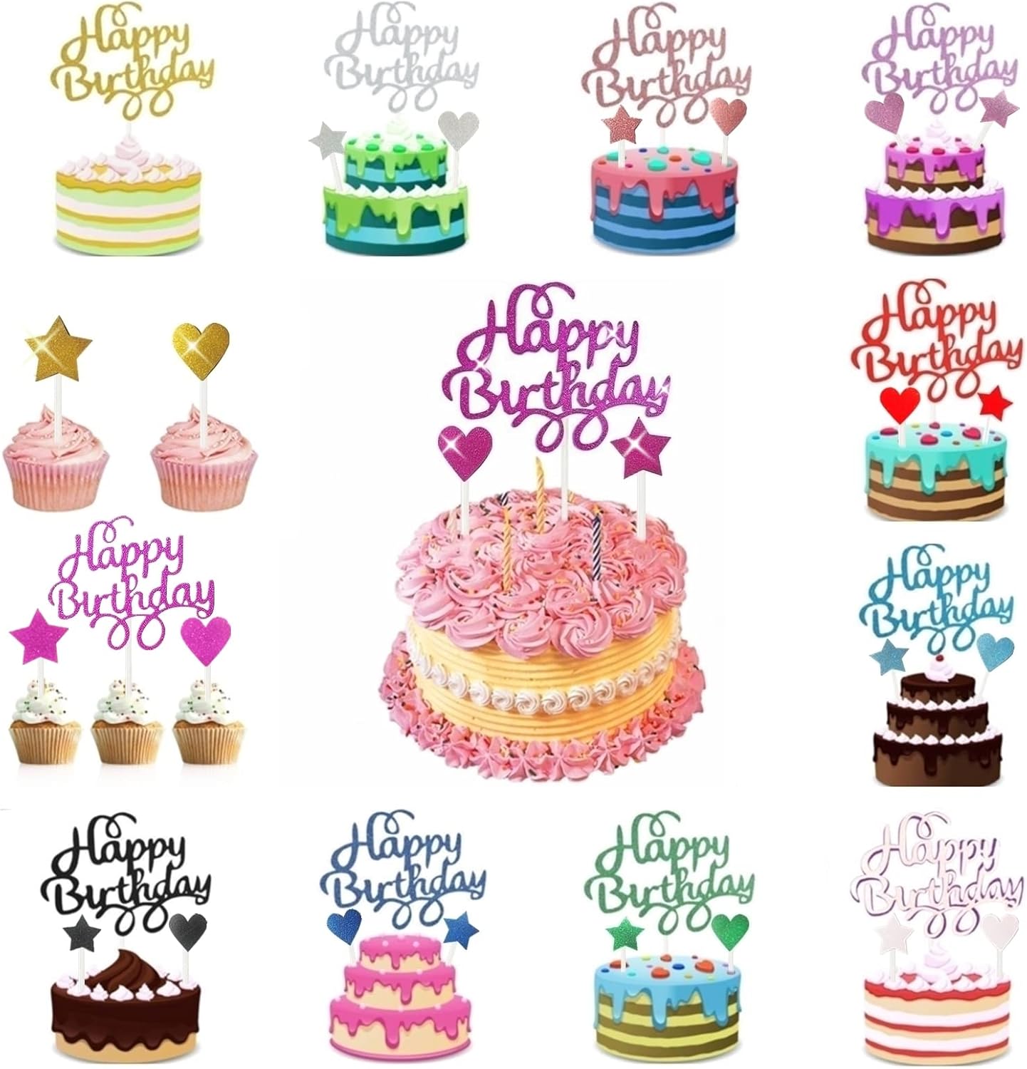 Happy Birthday Cake Toppers Decorations 36Pcs Set, 12 Colors Glitter