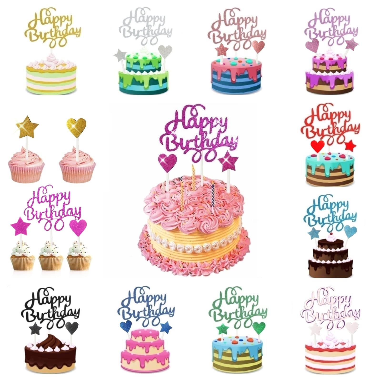Happy Birthday Cake Toppers Decoration Handmade 36Pcs Set 12 Color 