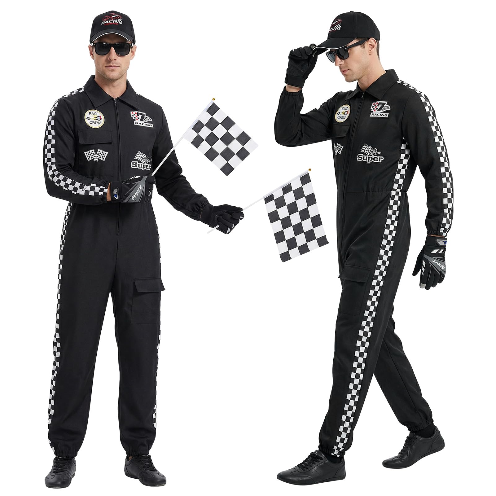 Rennfahrer Kostüm Herren Damen,Faschingskostüme Erwachsene,Rennfahrer Overall Jumpsuit Accessoires 6-teilig mit Hut Sonnenbrille Handschuhen Medaille