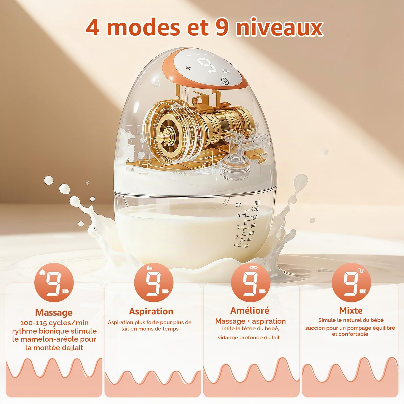 Tire-lait électrique mains libres – 2 tire-lait portables de 120 ml avec 4 modes et 9 niveaux, tire-lait rechargeable avec écran LED, arrêt automatique de 20 minutes