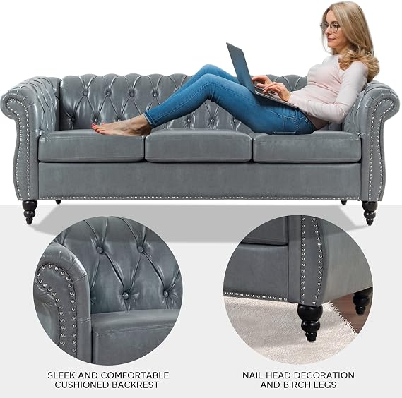 Chesterfield Sofa,Grey 3 Seater Sofas,Button Tufted Faux Leather Couch for Living Room Bedroom Office