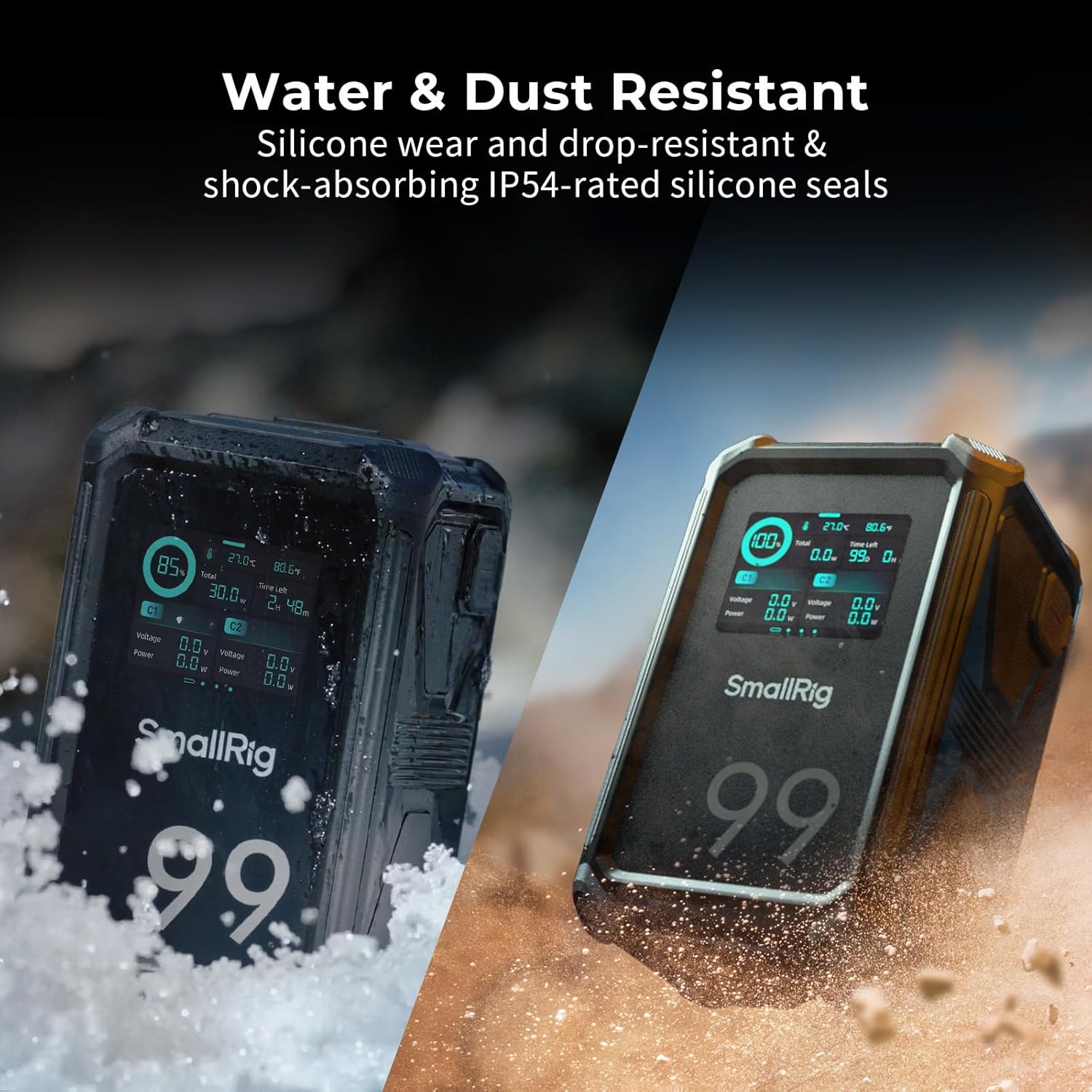 SMALLRIG V Mount Battery X99 showing water and dust resistance