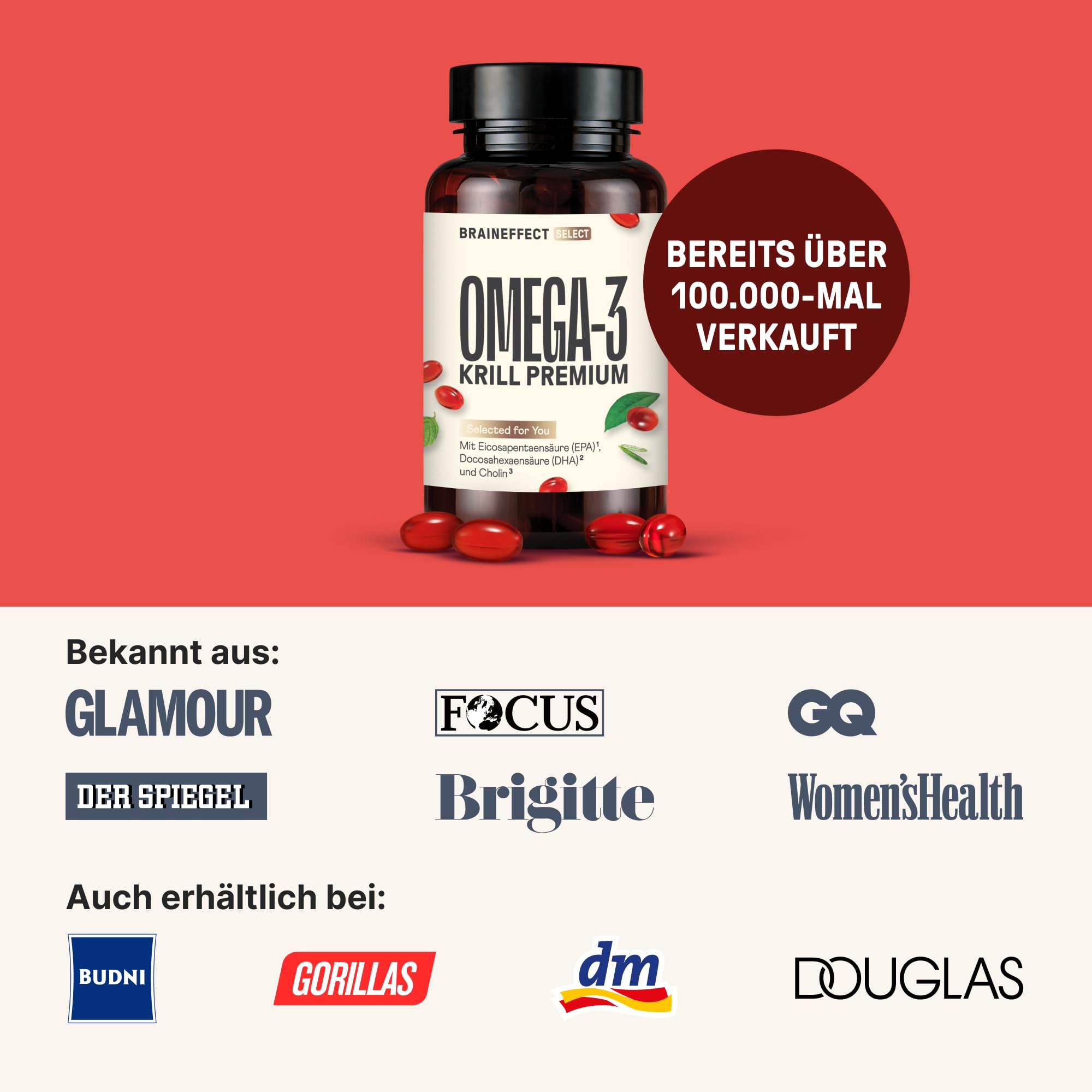 BRAINEFFECT Premium Krillöl Kapseln Omega 3 | 100% Krillöl (Ungestreckt) | Astaxanthin EPA DHA Cholin | Kein Fischgeruch/-Geschmack | 60 Kapseln | Made in Germany