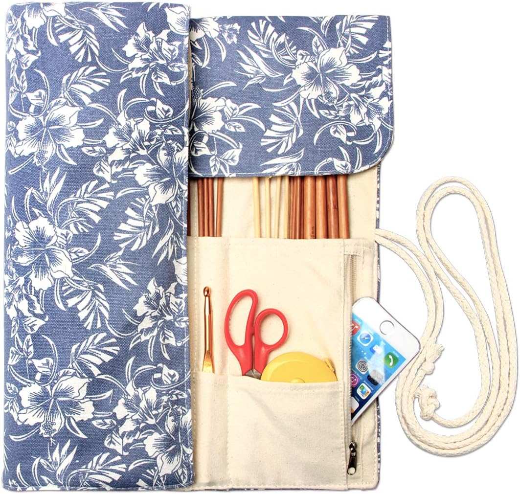 Teamoy Knitting Needles Holder Case(up to 14 Inches), Rolling Organizer for Straight and Circular Knitting Needles, Crochet Hooks and Accessories, Blue Flowers - NO Accessories Included