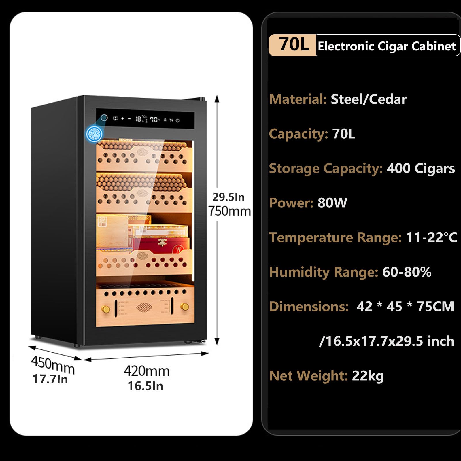 Elektronischer Humidor Mit Präzisem Temperaturbereich Von 11–22°c, Zigarren Schrank Mit LED-Anzeige, Glastür Und Automatischer Luftfeuchtigkeitsregelung 70L-400Counts