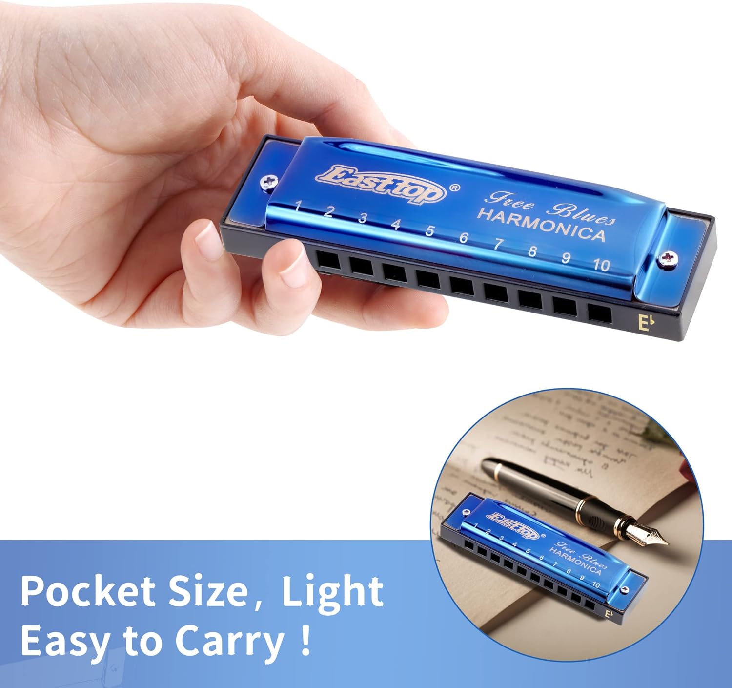 East top Diatonic Harmonica Key of Eb, 10 Holes 20 Tones Mouth Organ Harmonica For Adultes, Beginners, Professional players and Students（Blue）