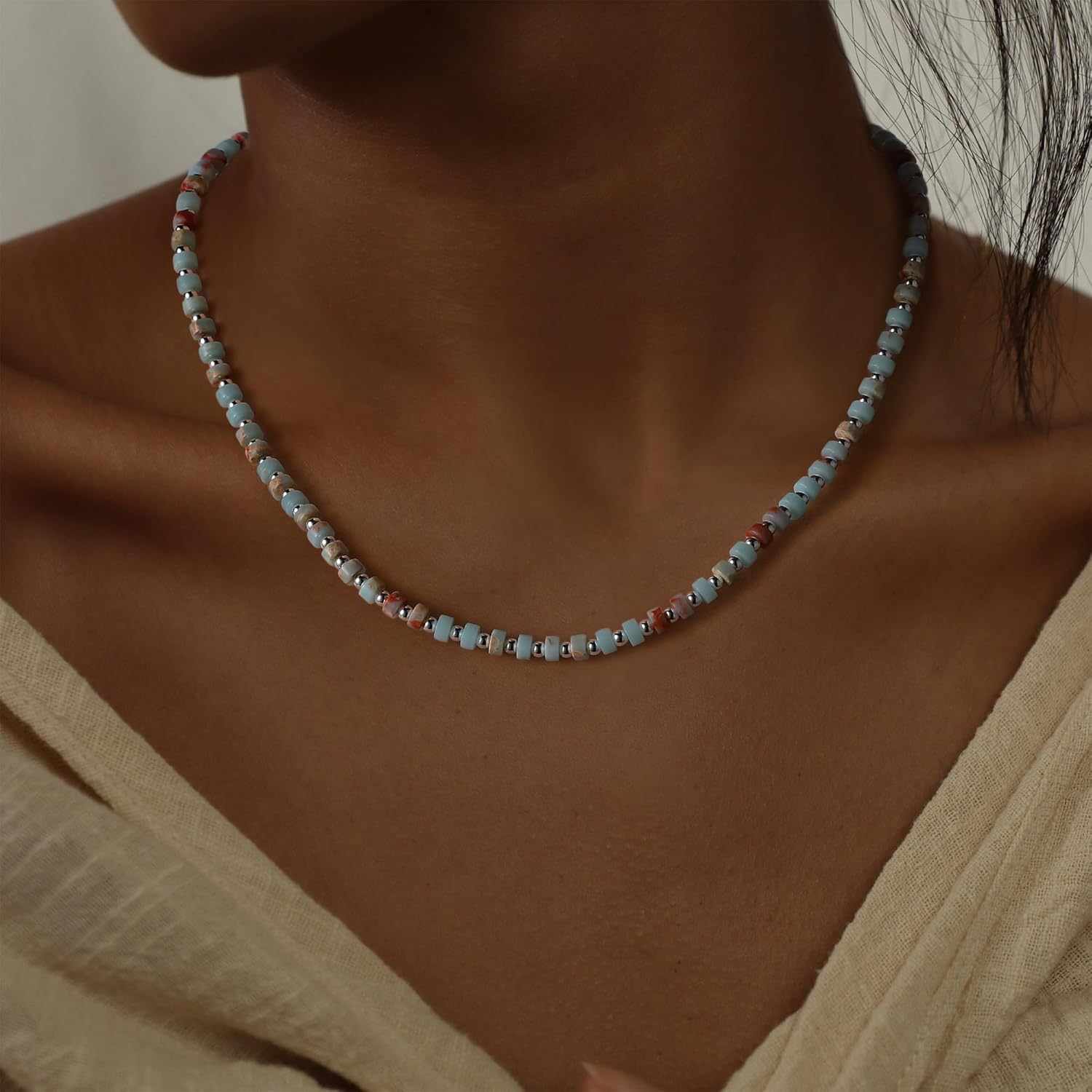 XIJIN Natural Stone Bead Necklace for Women Handmade Boho Multicolor Beaded Choker Necklace Gift for Her - Image 2