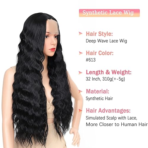 Miniatura 3 de Pelucas de encaje sintético de 32 pulgadas para mujer, peluca larga de onda profunda, parte media, pelucas de encaje de cuero cabelludo falso, rizos