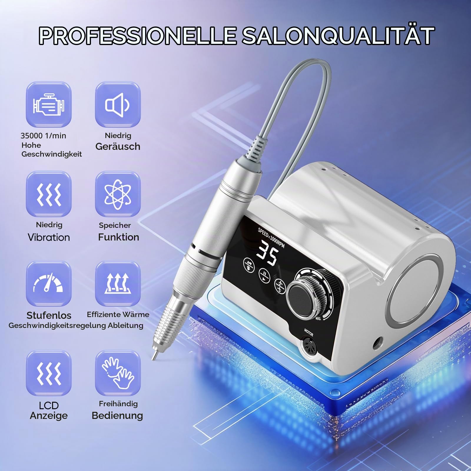 Professionelle Elektrische Nagelfräser, 35000 U/Min Maniküre Pediküre Set mit 6 Fräser, LED Display für Gelnägel und Acrylnägel, für den Heimgebrauch und Nagelstudios (Weiß)